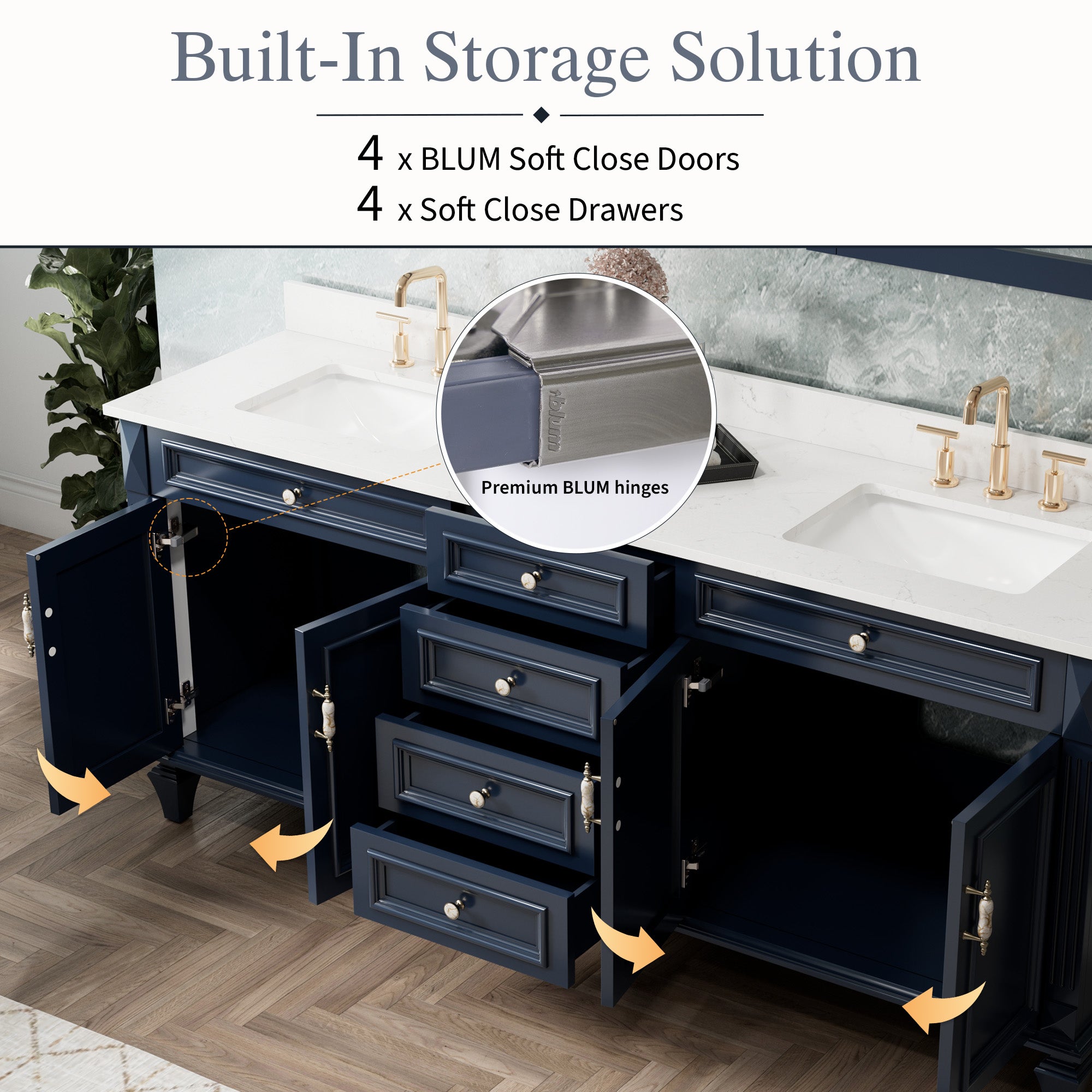 80 in. Freestanding Solid Wood Bathroom Vanity with Carrara White Quartz Countertop, Navy Blue