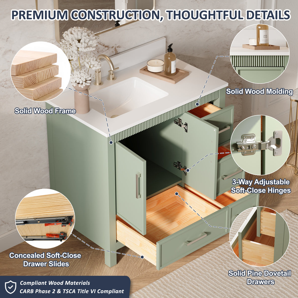 36 Inch Freestanding Solid Wood Bathroom Vanity with Fluted Molding, Pure White Quartz Countertop, SAGE GREEN
