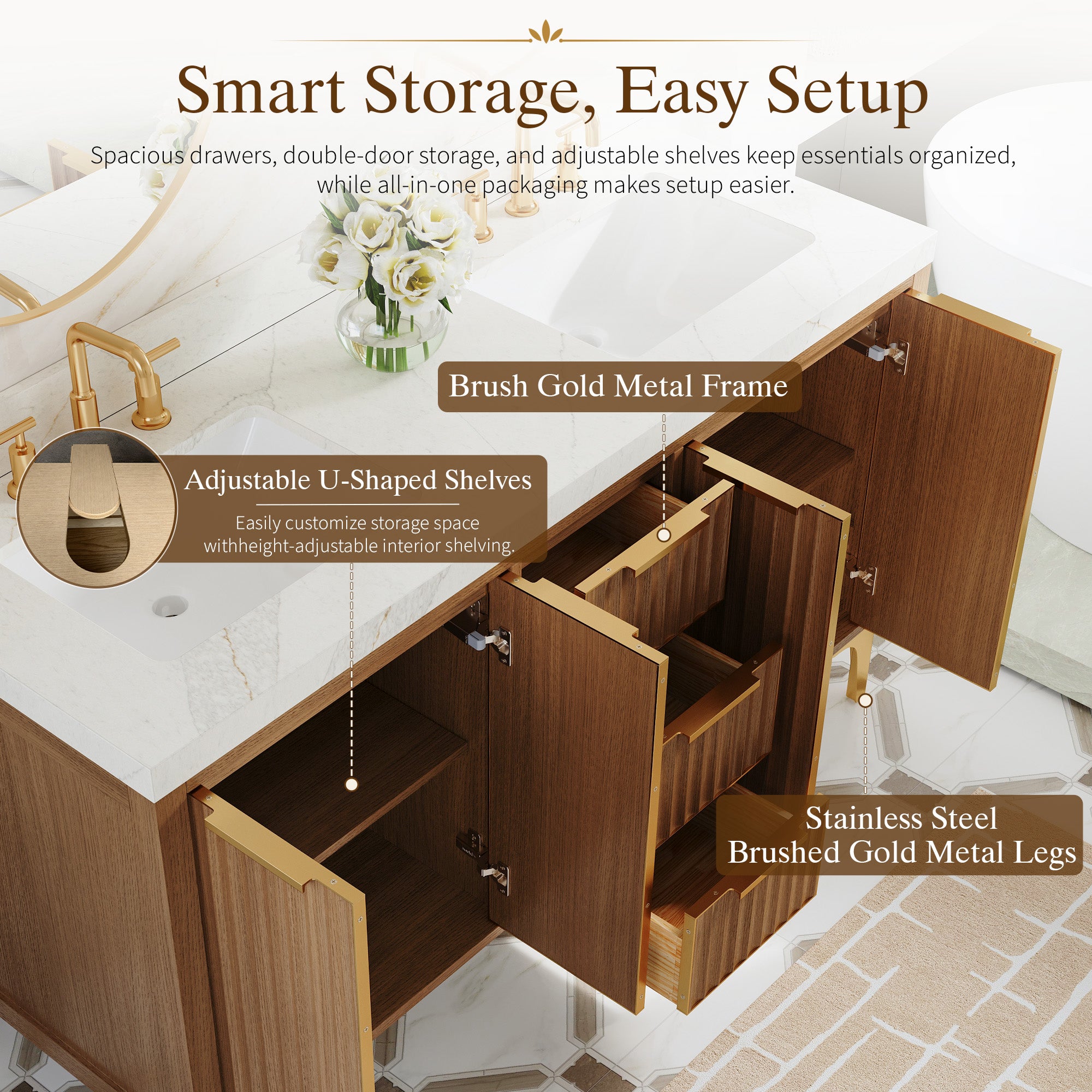 60 Inch Luxury Solid Oak Bathroom Vanity with Calacatta Quartz Countertop & 3 Dovetail Drawers and 4 Soft-close Doors