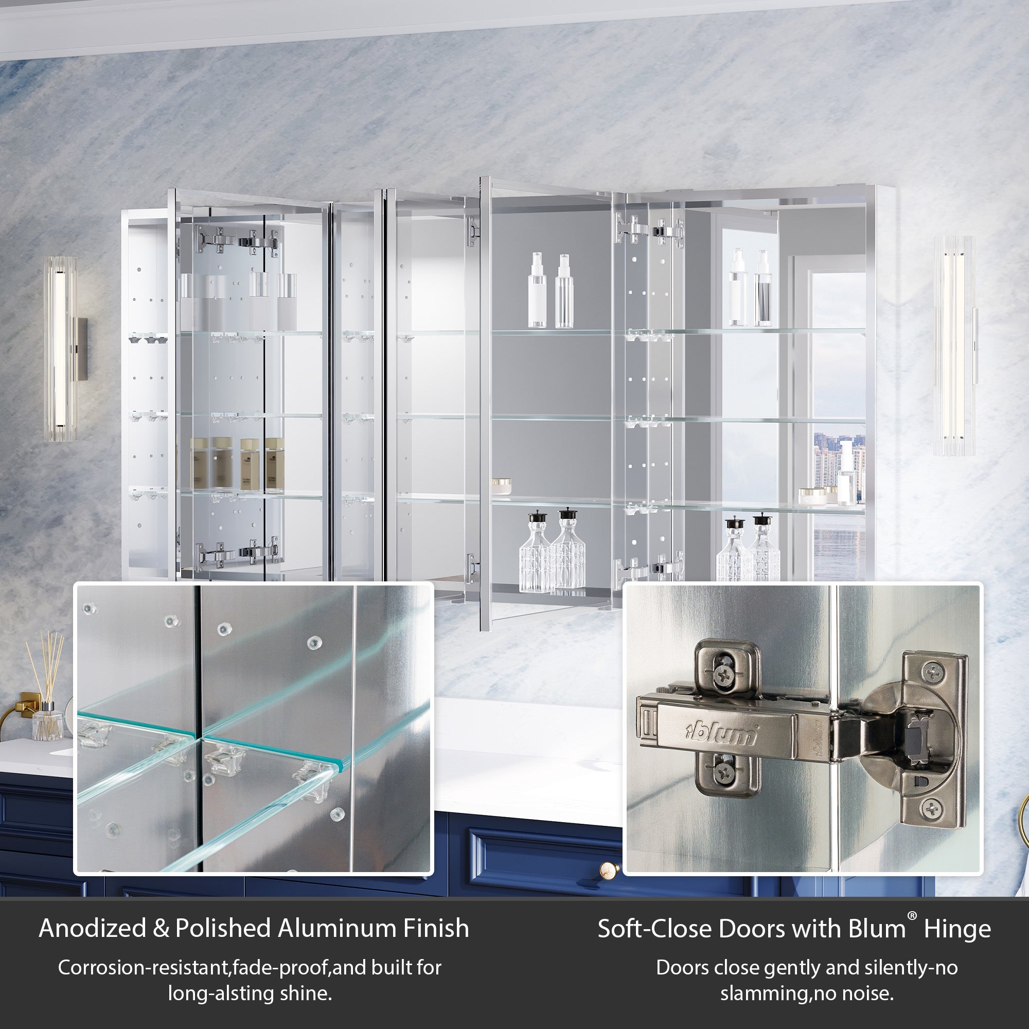 64 in.×30 in.H Copper-Free Mirror Medicine Cabinet with Beveled Mirror Door, Recessed or Surface Mount, Adjustable Shelves