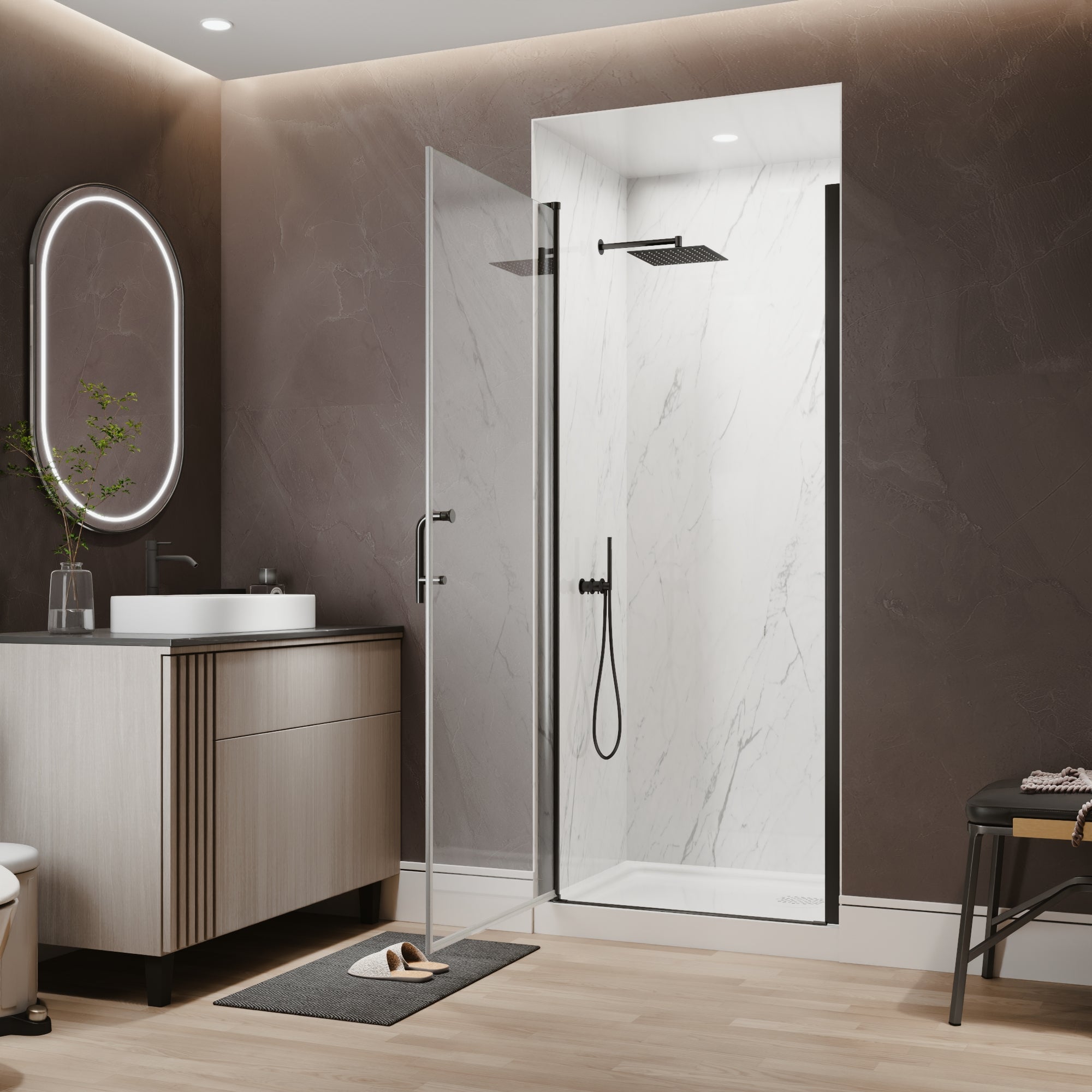 32-34 in. W x 72 in. H Semi-Frameless Pivot Shower Door with 1/4 in SGCC Tempered Glass, Reversible Installation, Matte Black