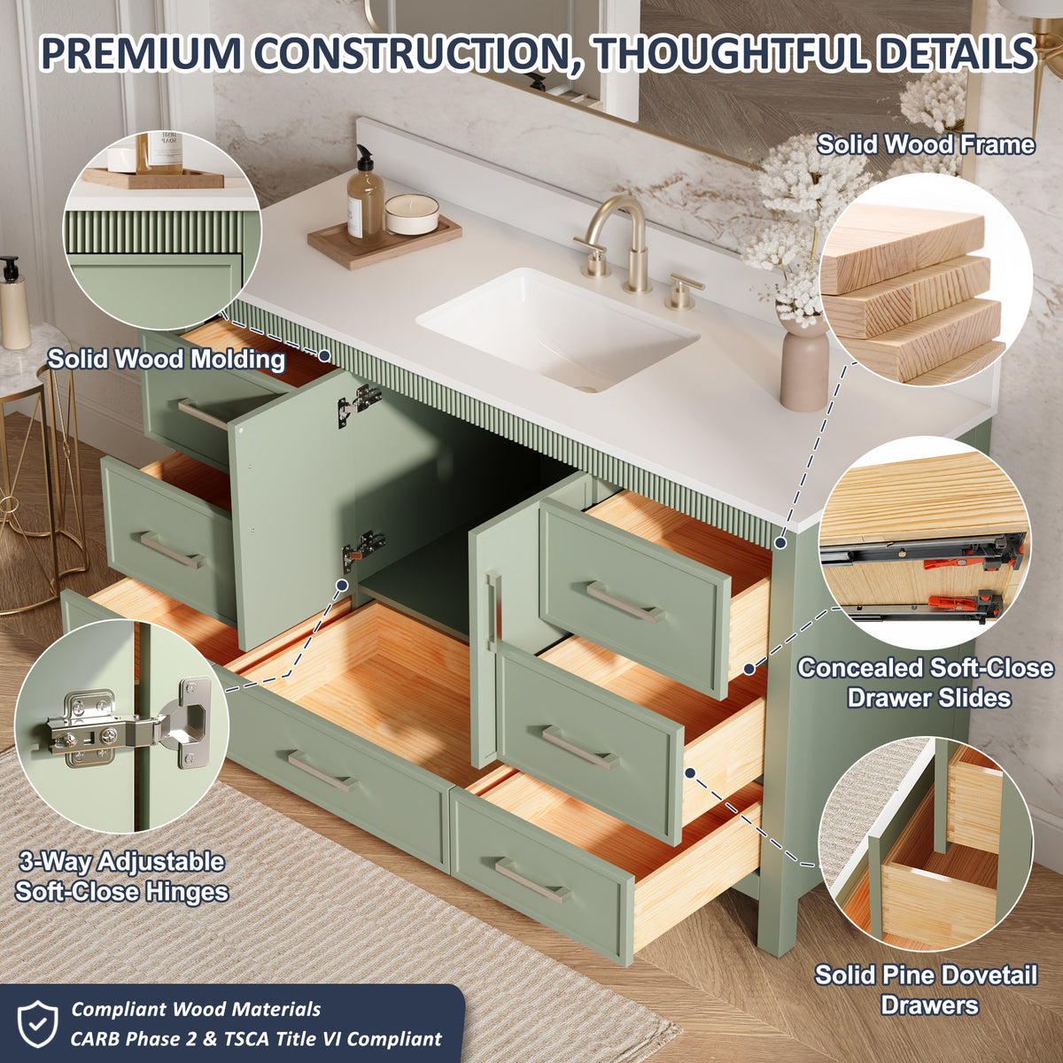 60 Inch Freestanding Solid Wood Bathroom Vanity with Pure White Quartz Countertop, 2 Soft-Close Doors & 7 Dovetail Drawers, SAGE GREEN