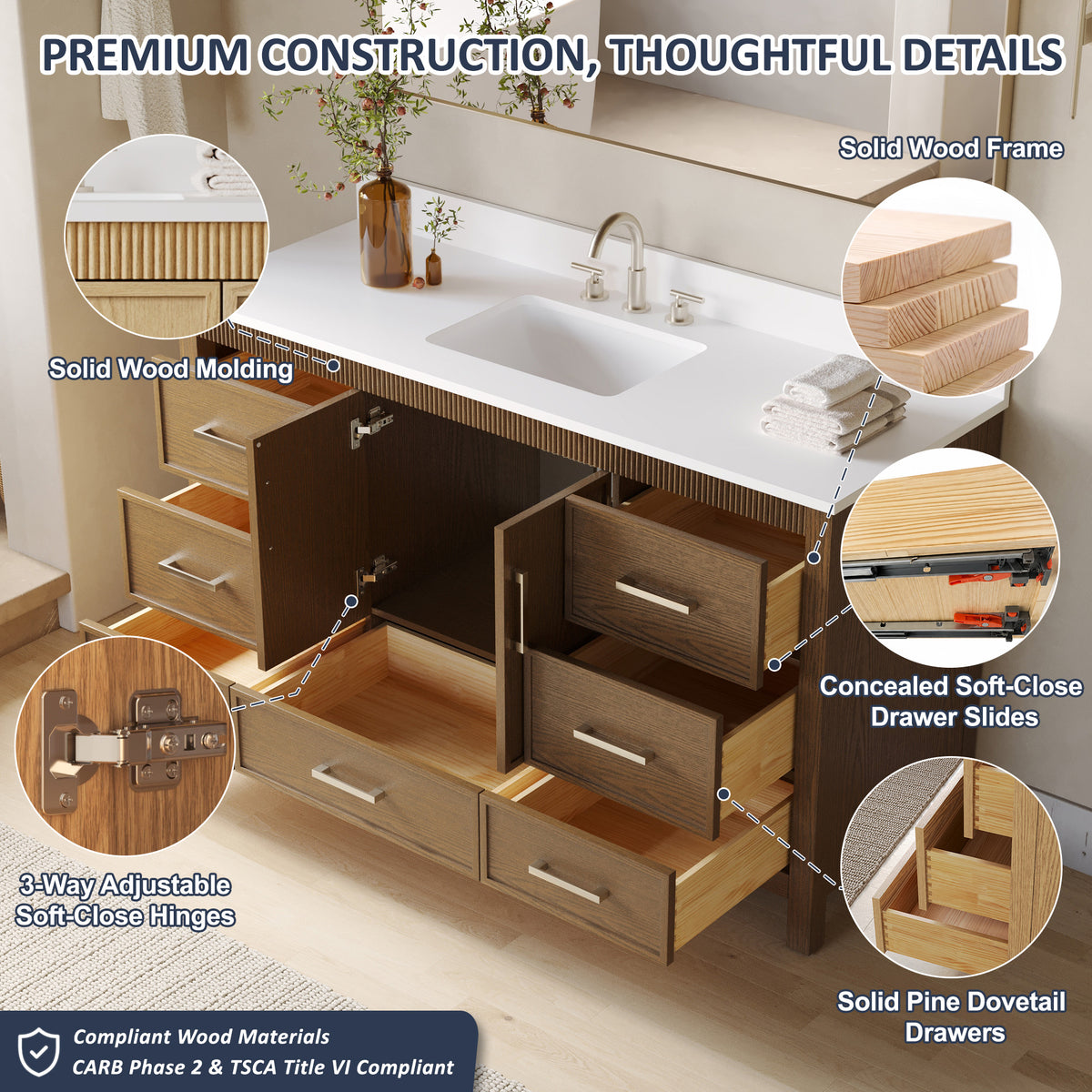60 Inch Freestanding Solid Wood Bathroom Vanity with Pure White Quartz Countertop, 2 Soft-Close Doors & 7 Dovetail Drawers, Walnut