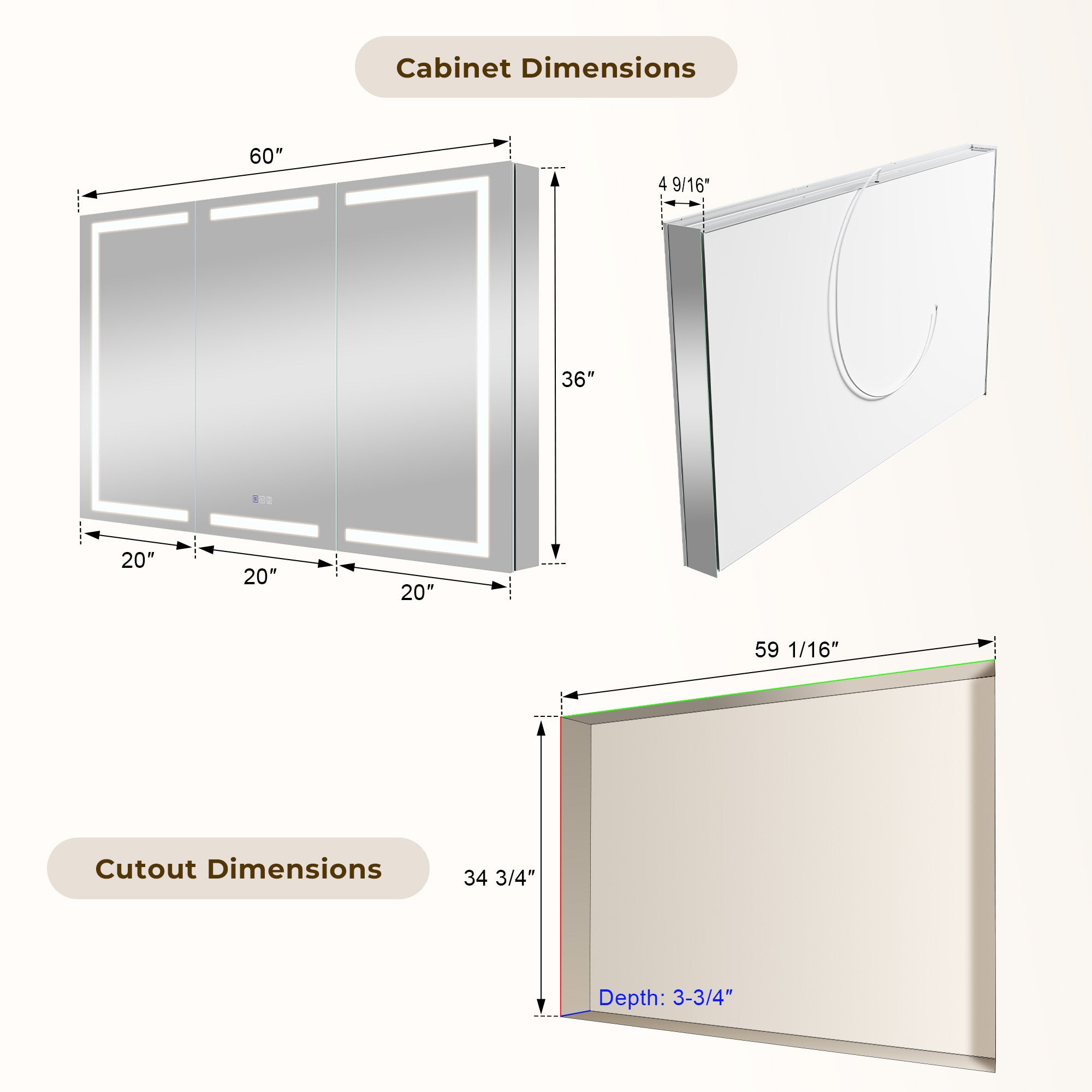 60 in. x 36 in. Aluminum LED Bathroom Medicine Cabinet with Anti-Fog, Dimmable Lighting, Outlet, Surface or Recessed Mount