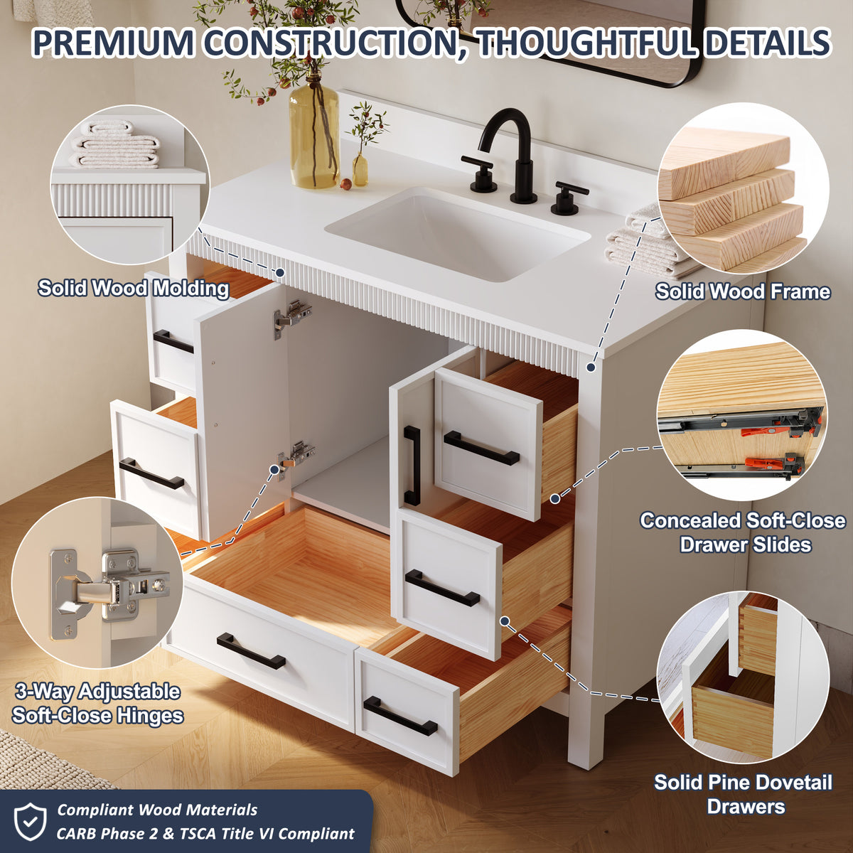 42 Inch Freestanding Solid Wood Bathroom Vanity with Fluted Molding, Pure White Quartz Countertop, White