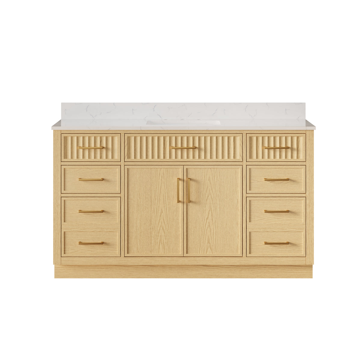 60 Inch Solid Wood and Plywood Bathroom Vanity with Carrara White Quartz Top, 2 Soft-Close Doors & 7 Drawers, OAK
