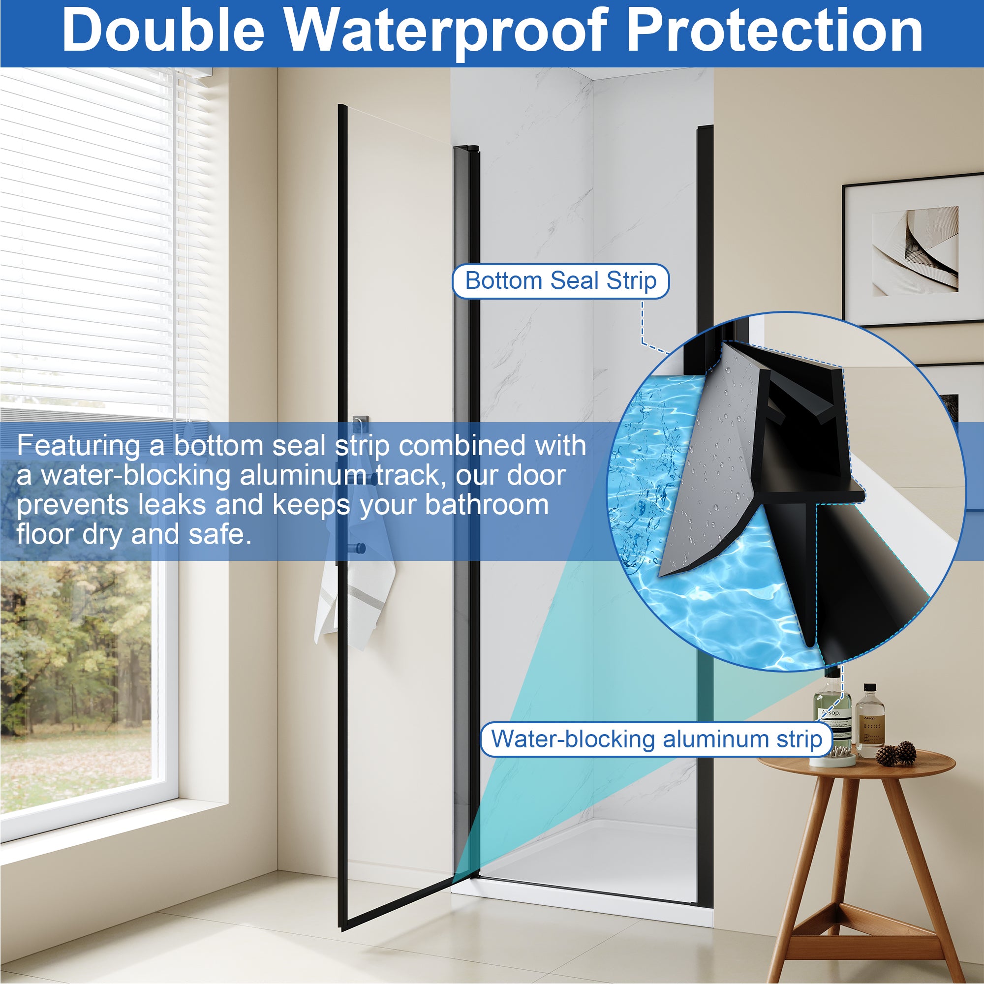 24-7/16”-26” x 68” Semi-Frameless Pivot Shower Door with 1/4 inch Tempered Glass