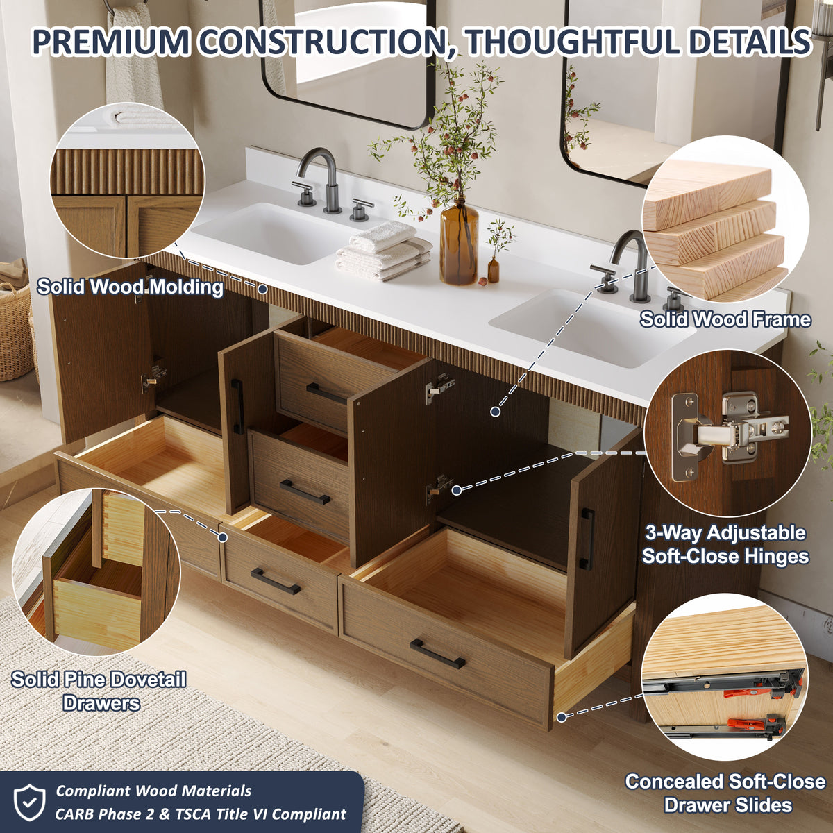 72 Inch Freestanding Solid Wood Bathroom Vanity with Pure White Quartz Countertop, 4 Soft-Close Doors & 5 Dovetail Drawers, Walnut