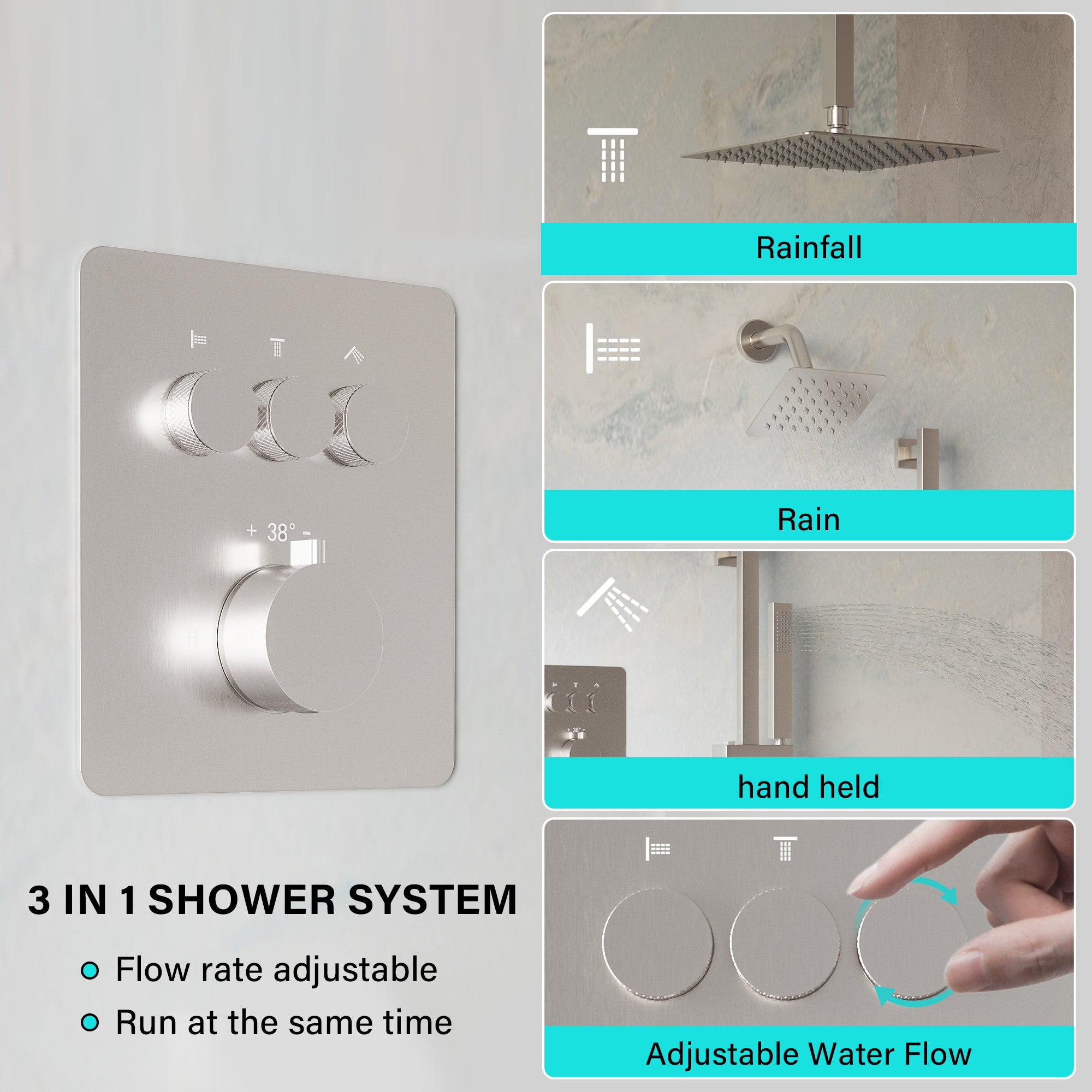 3-Function Thermostatic Stainless Steel Shower System with Dual Mounting Options Wall-Mounted & Ceiling-Mounted, Sliding Bar, 10" Square Overhead Shower
