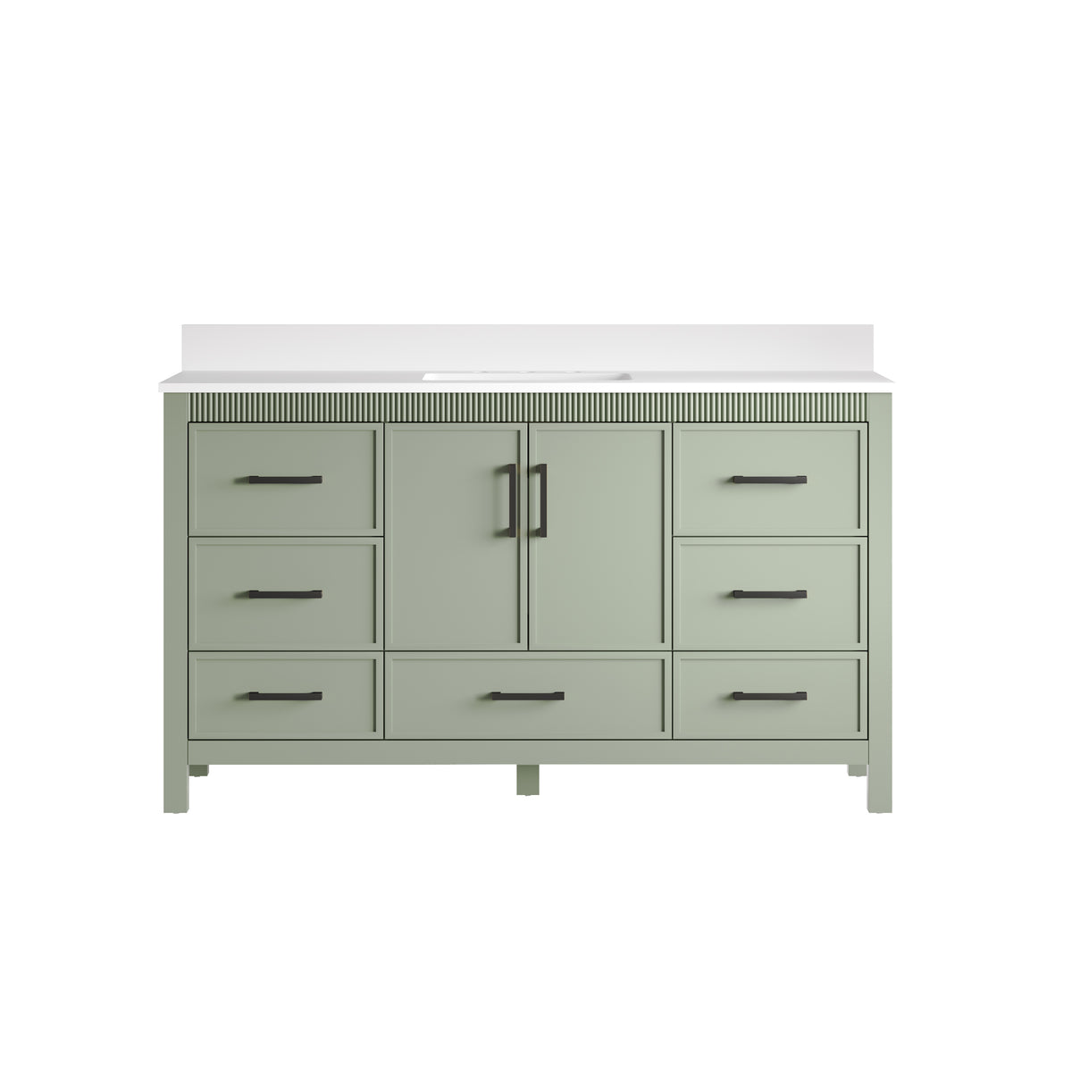60 Inch Freestanding Solid Wood Bathroom Vanity with Pure White Quartz Countertop, 2 Soft-Close Doors & 7 Dovetail Drawers, SAGE GREEN