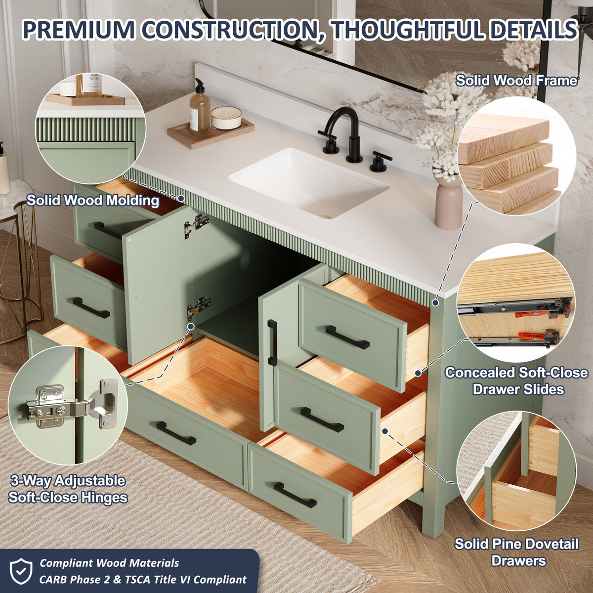 60 Inch Freestanding Solid Wood Bathroom Vanity with Pure White Quartz Countertop, 2 Soft-Close Doors & 7 Dovetail Drawers, SAGE GREEN