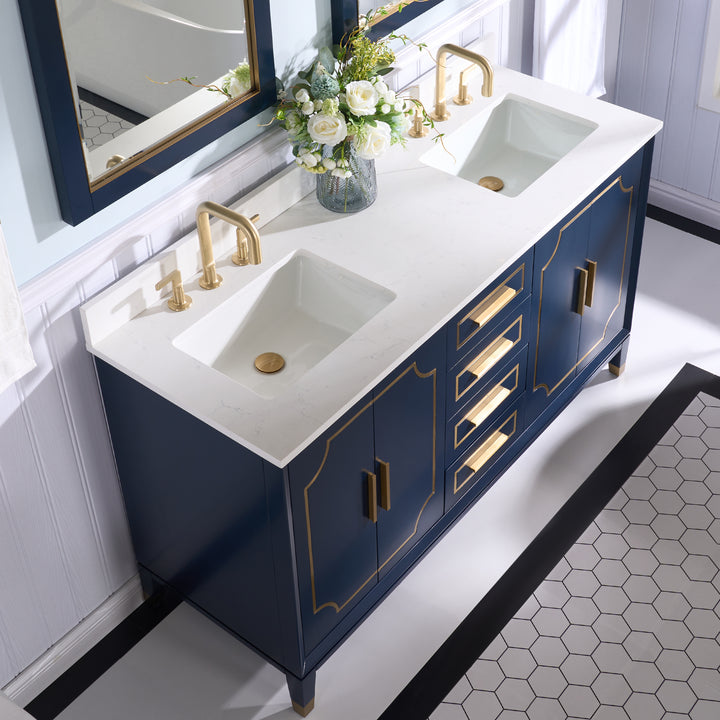 60 in. Freestanding Bathroom Vanity in Navy Blue with Carrara White Quartz Vanity Top
