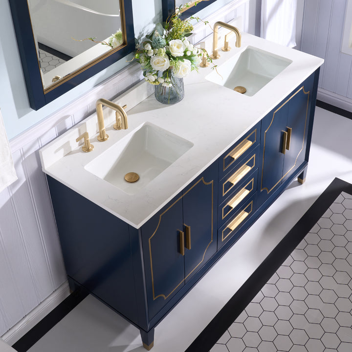 Melody 60 in. W x 22 in. D x 35 in. H Freestanding Bathroom Vanity in Navy Blue with Carrara White Quartz Vanity Top