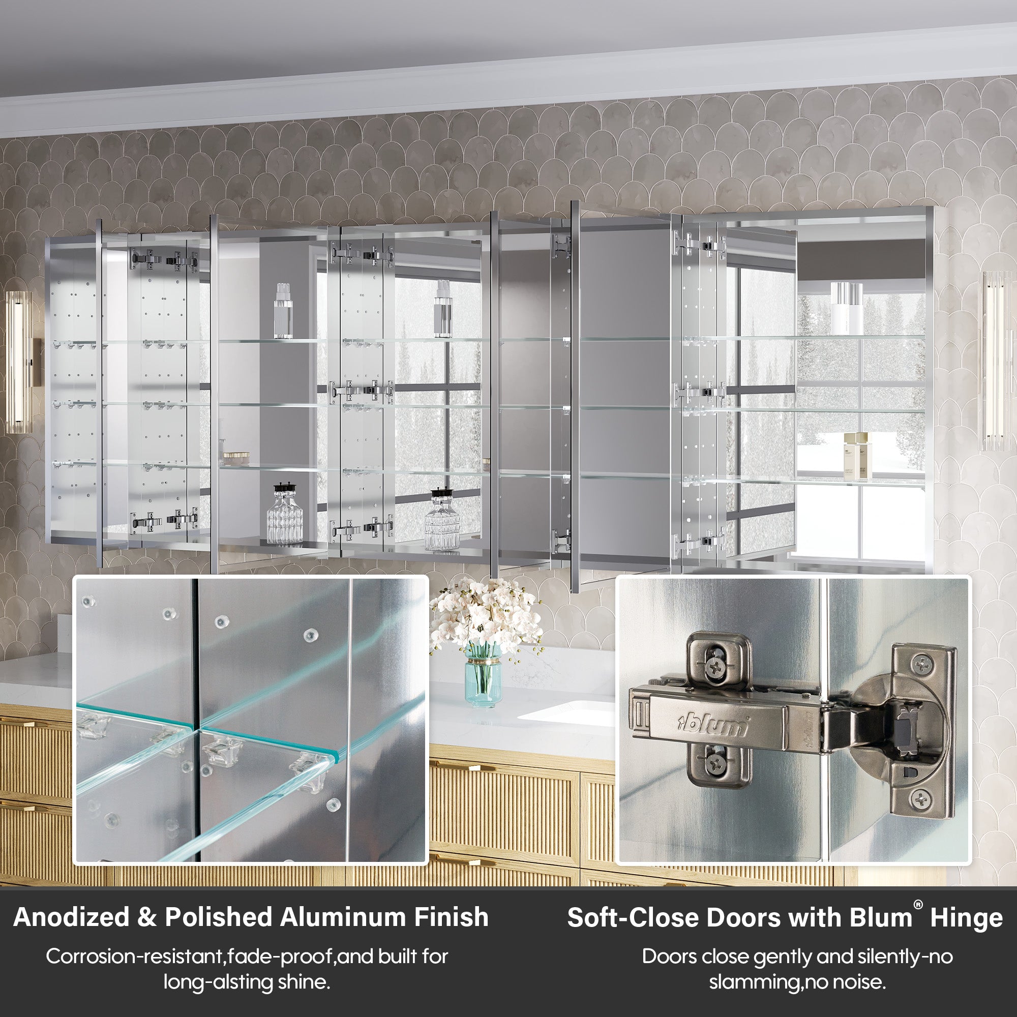 96 in.×32 in.H Copper-Free Mirror Medicine Cabinet with Soft-Close Blum® Hinges and 5 Doors