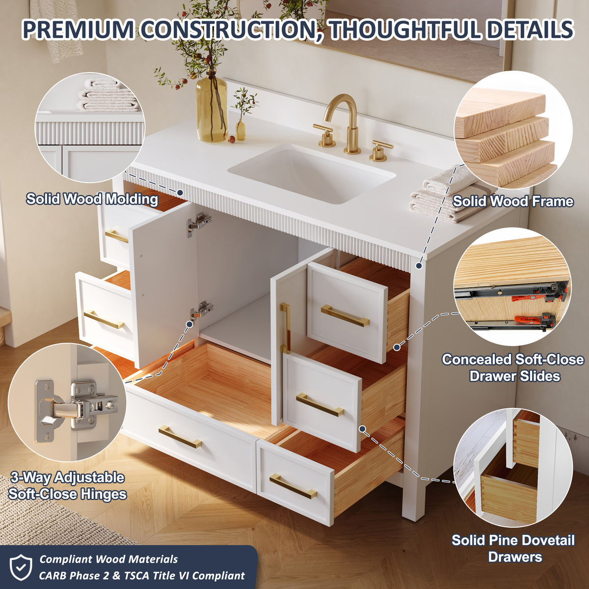 48 Inch Freestanding Solid Wood Bathroom Vanity with Fluted Molding, Pure White Quartz Countertop, White