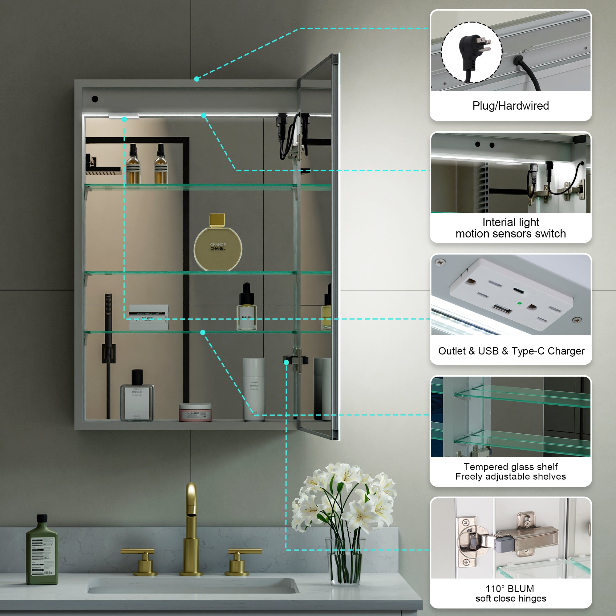 20 in. x 30 in. LED Lighted Surface/Recessed Mount Mirror Medicine Cabinet with Outlet Right Side