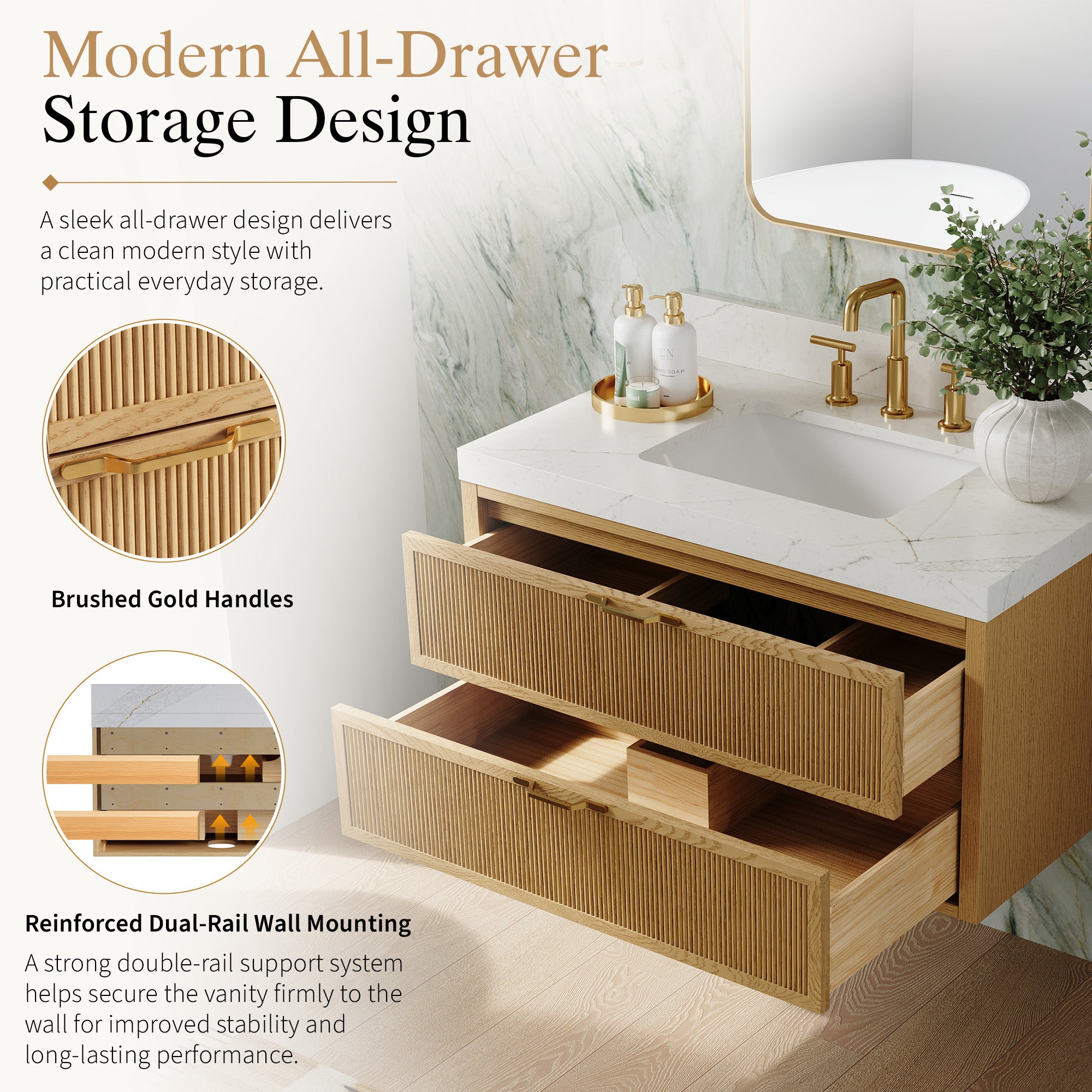 36-Inch Solid Oak Floating Bathroom Vanity with Calacatta Quartz Countertop, 2 Soft-Close Fluted Drawers