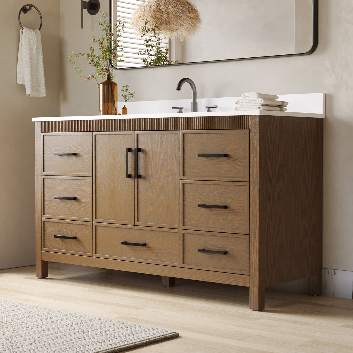 60 Inch Freestanding Solid Wood Bathroom Vanity with Pure White Quartz Countertop, 2 Soft-Close Doors & 7 Dovetail Drawers, Walnut