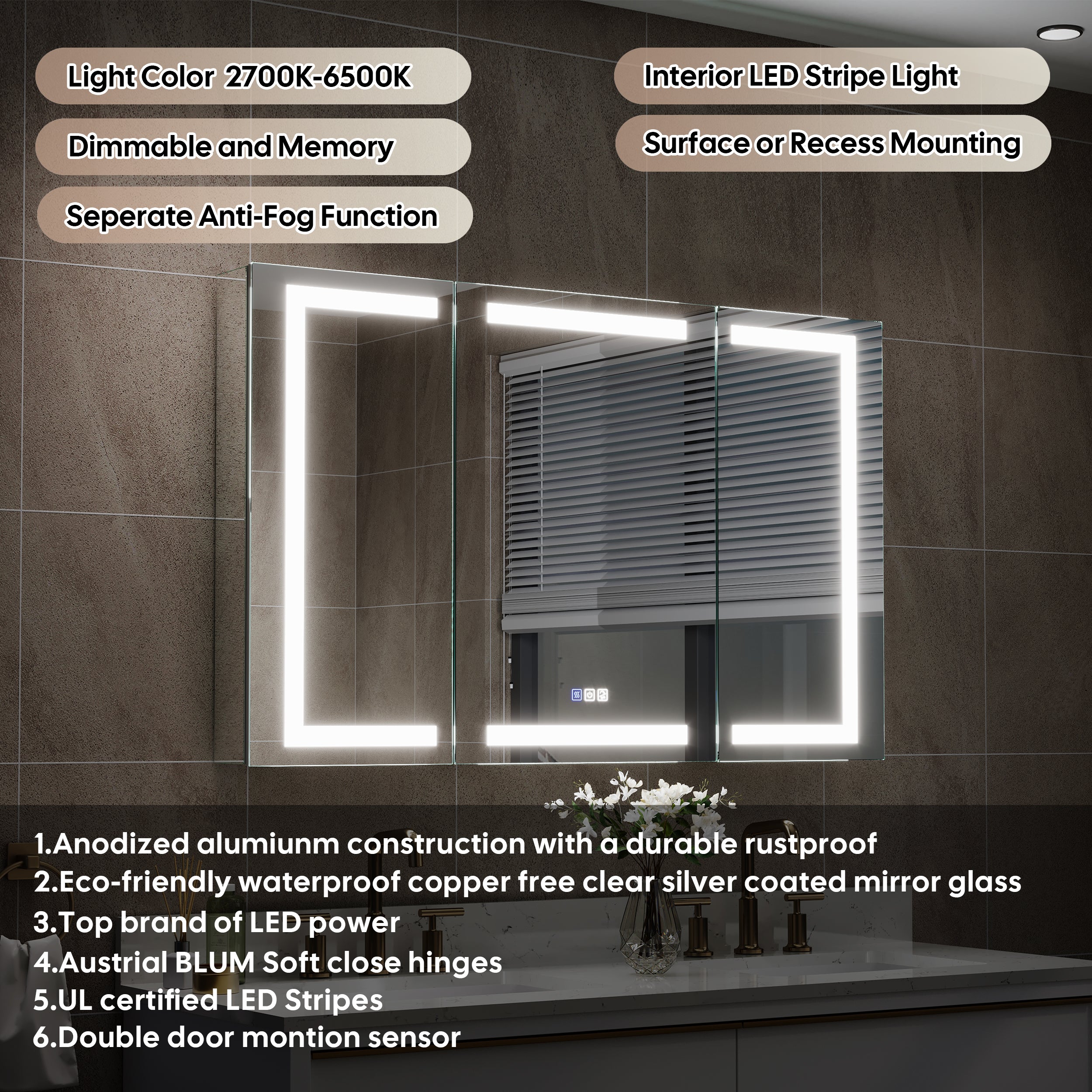 48 in. x 30 in. LED Lighted Surface/Recessed Mount Aluminum Mirror Medicine Cabinet Anti-Fog Dimmable with Outlet