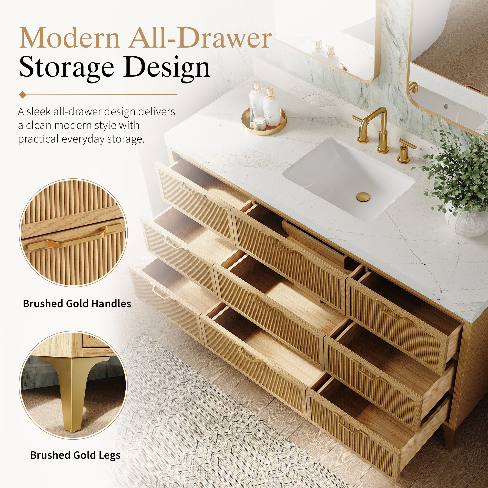 60 Inch Modern Solid Oak Bathroom Vanity with Calacatta Quartz Countertop, 9 Fluted Drawers & Brushed Gold Legs