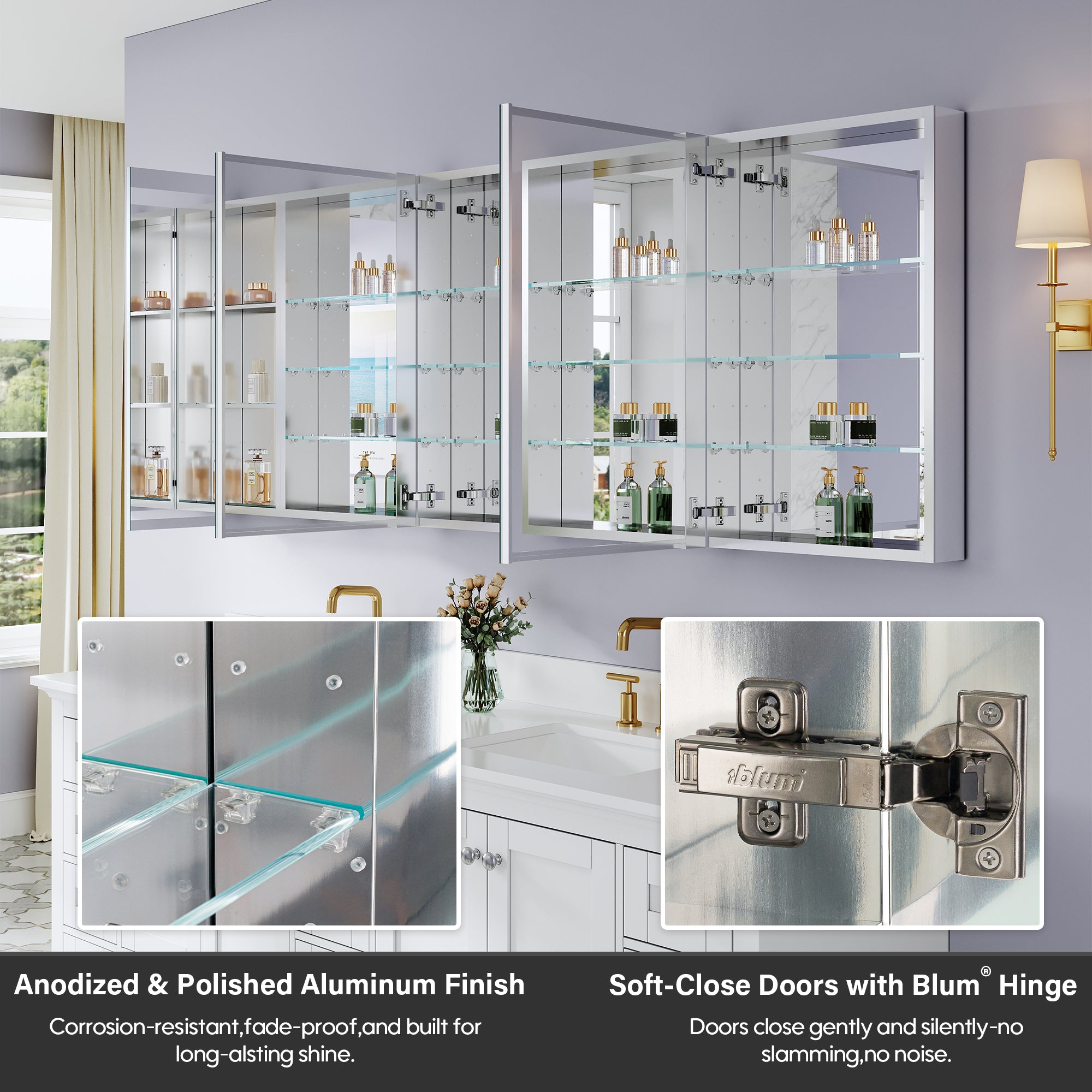 84 in. ×30 in. Aluminum Bathroom Medicine Cabinet and Open Shelf Set, Recessed or Surface Mount