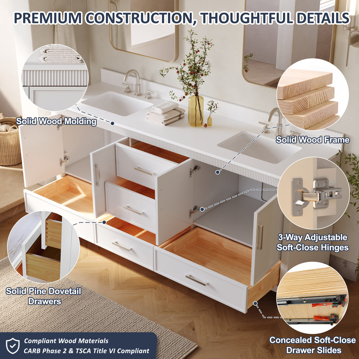 80 Inch Freestanding Solid Wood Bathroom Vanity with Pure White Quartz Countertop, 4 Soft-Close Doors & 5 Dovetail Drawers, White