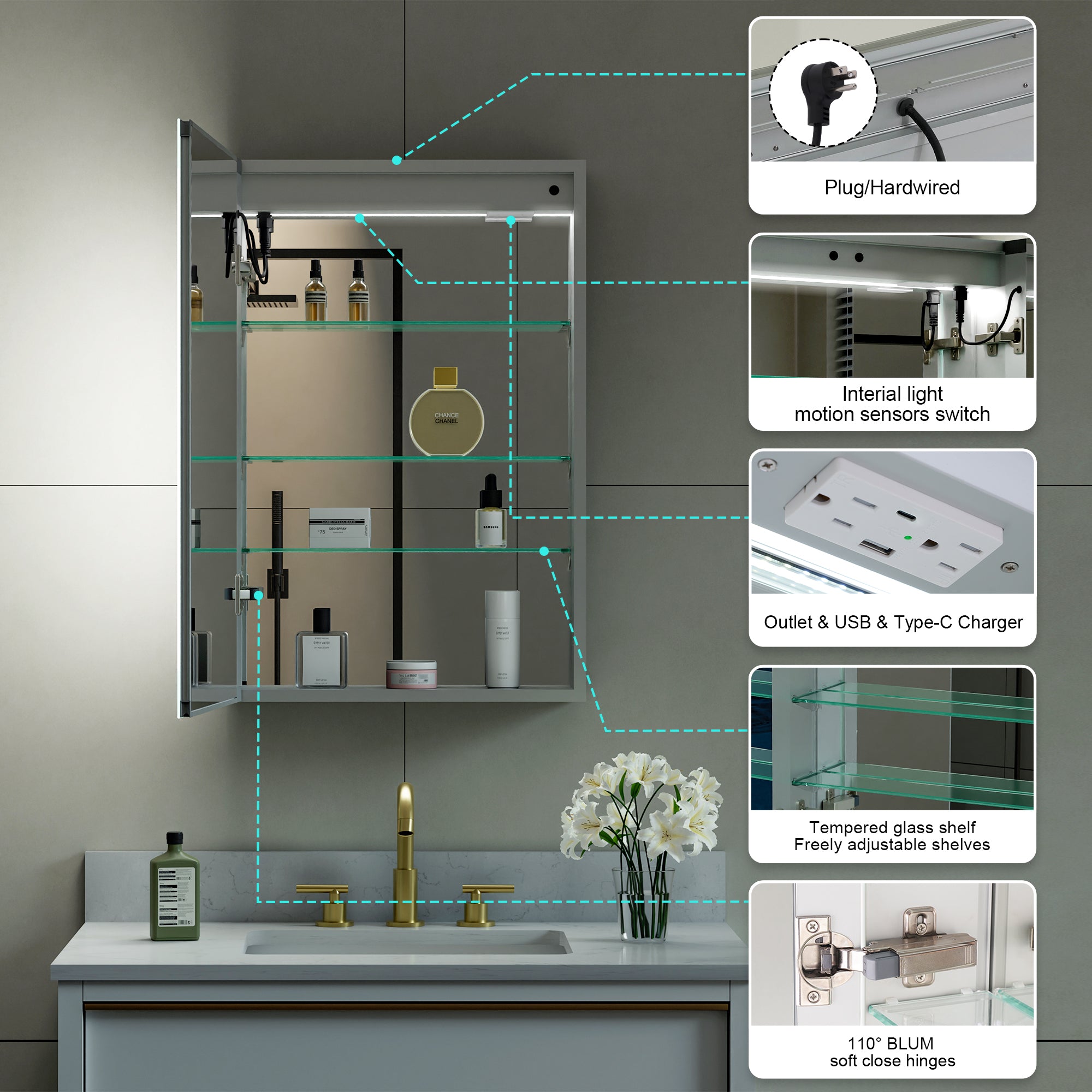 20 in.x 30 in. LED Lighted Surface/Recessed Mount Mirror Medicine Cabinet with Outlet Left Side