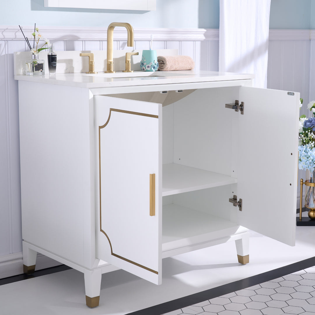 Melody 36 in. W x 22 in. D x 35 in. H Freestanding Bathroom Vanity in White with Carrara White Quartz Vanity Top