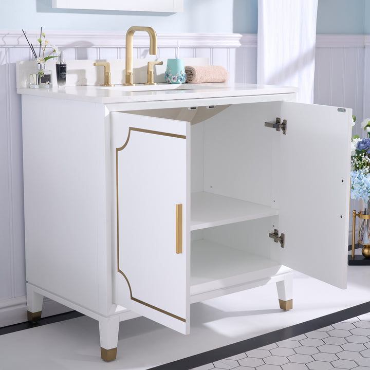 Melody 36 in. W x 22 in. D x 35 in. H Freestanding Bathroom Vanity in White with Carrara White Quartz Vanity Top