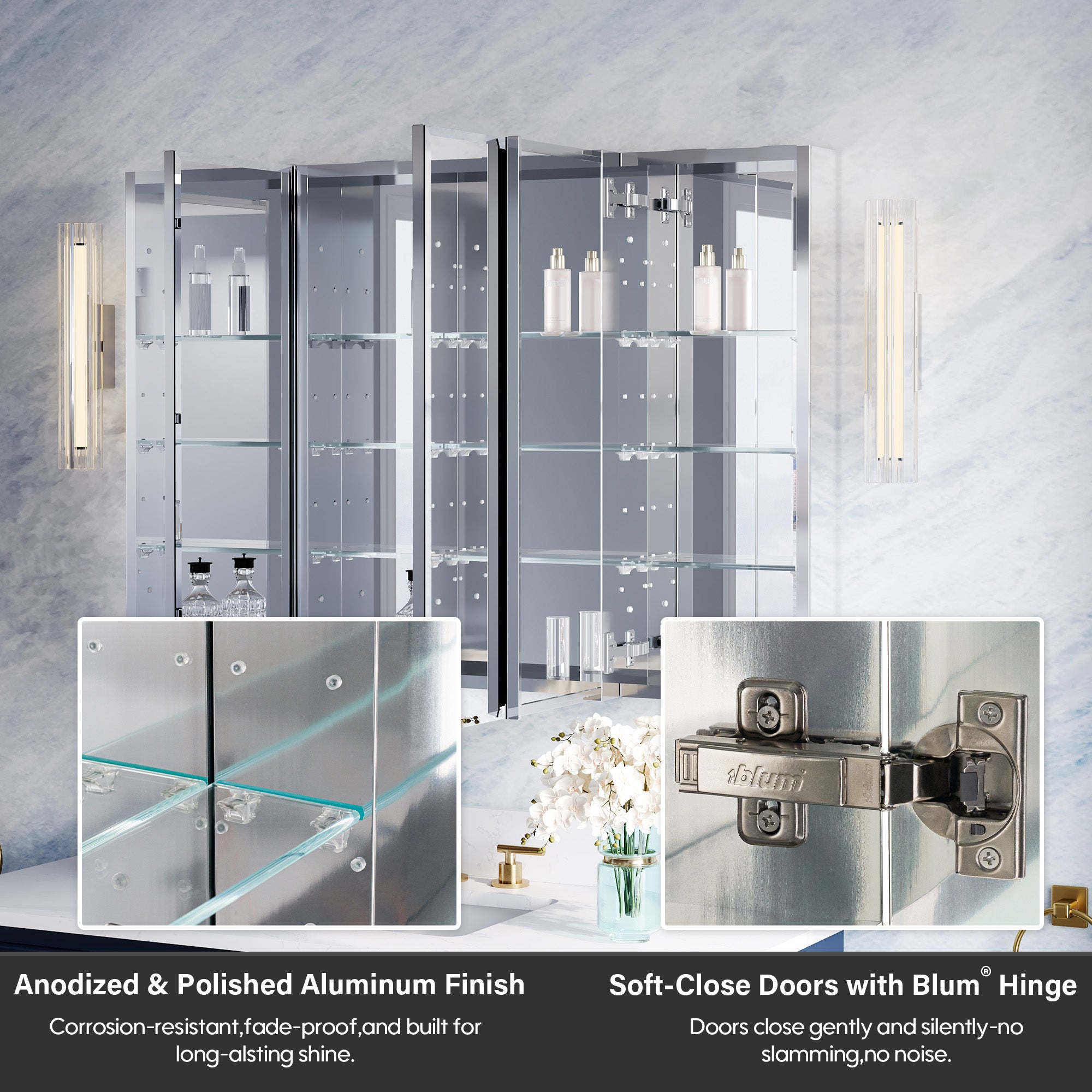 44 in.×30 in.H Copper-Free Mirror Medicine Cabinet with Beveled Mirror Door, Recessed or Surface Mount, Adjustable Shelves