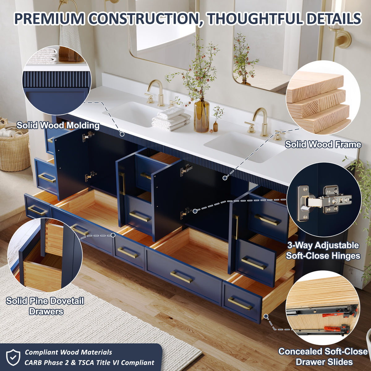 84 Inch Freestanding Solid Wood Bathroom Vanity with Pure White Quartz Countertop, 4 Soft-Close Doors & 11 Dovetail Drawers, Navy Blue