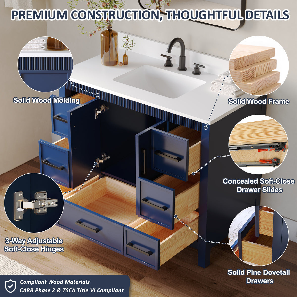 42 Inch Freestanding Solid Wood Bathroom Vanity with Fluted Molding, Pure White Quartz Countertop, Navy Blue