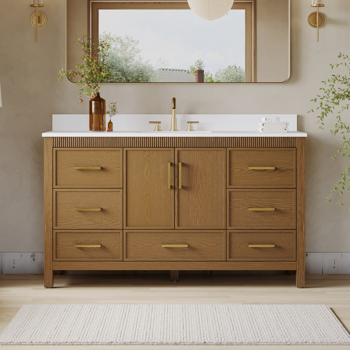 60 Inch Freestanding Solid Wood Bathroom Vanity with Pure White Quartz Countertop, 2 Soft-Close Doors & 7 Dovetail Drawers, Walnut