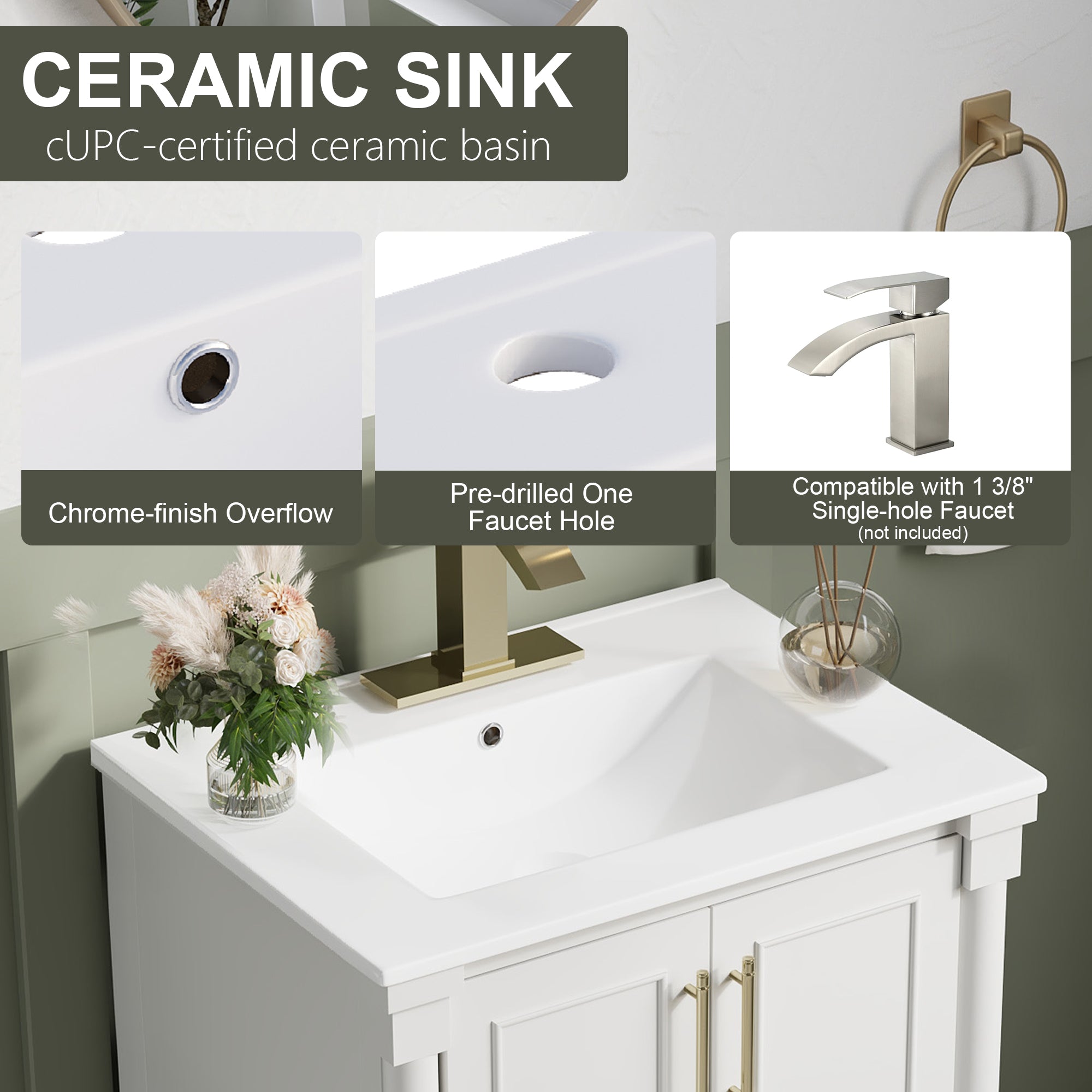 24 inch Bathroom Vanity with Single Sink, Solid Wooden Freestanding Bathroom Cabinet with Soft-Closing Doors
