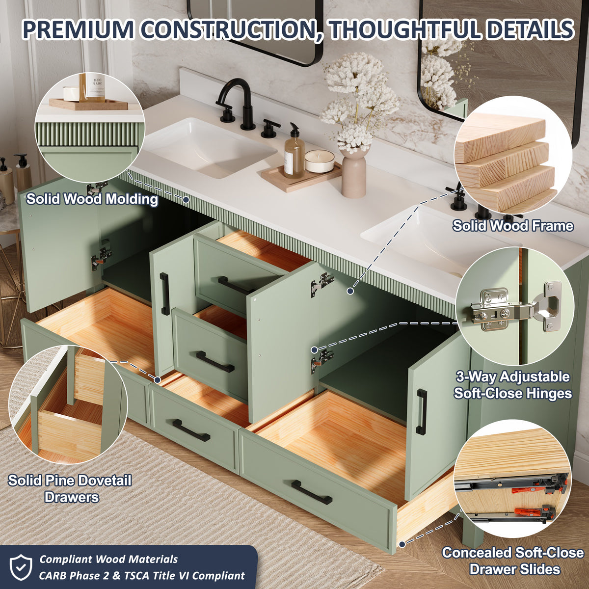 72 Inch Freestanding Solid Wood Bathroom Vanity with Pure White Quartz Countertop, 4 Soft-Close Doors & 5 Dovetail Drawers, SAGE GREEN