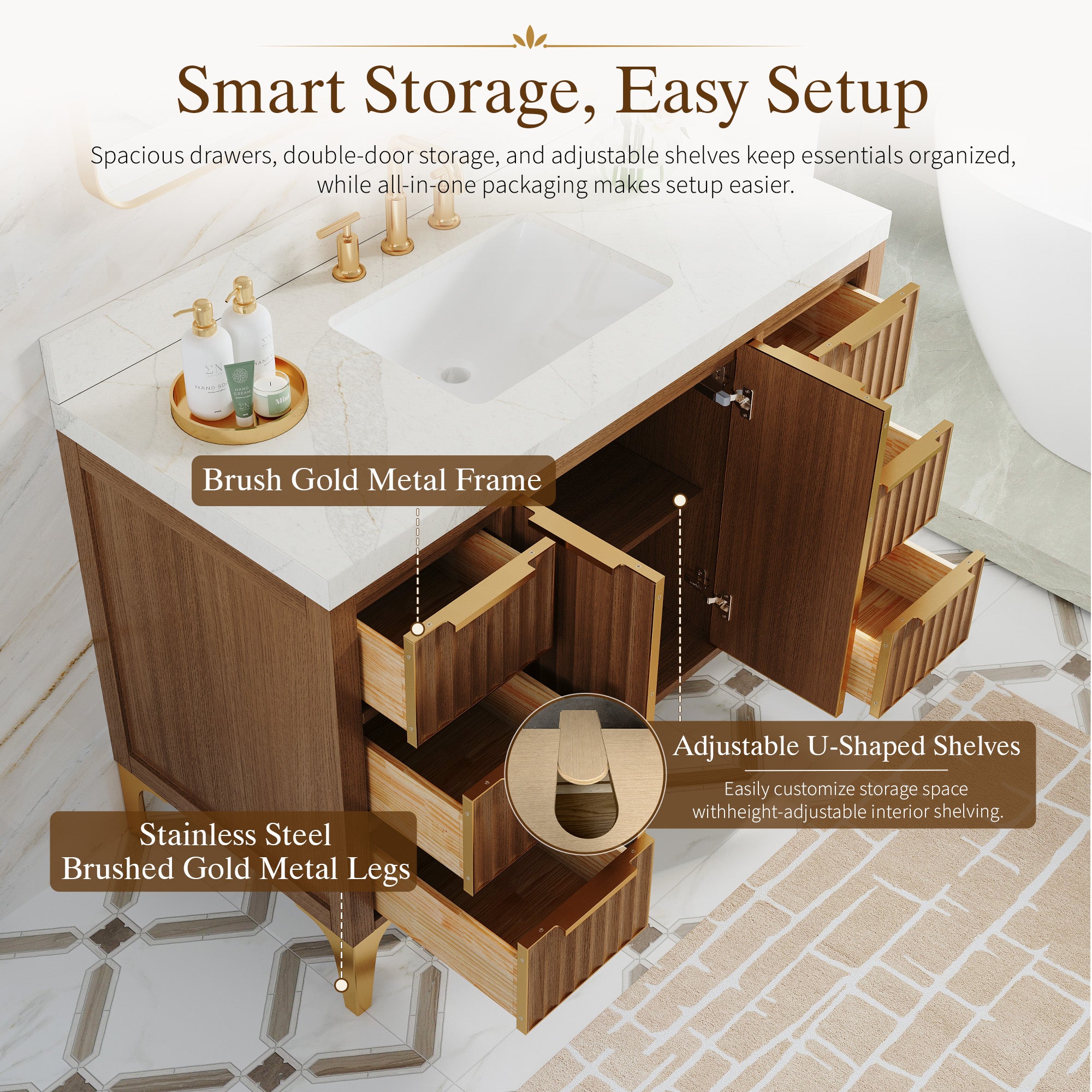 48 Inch Luxury Solid Oak Bathroom Vanity with Calacatta Quartz Countertop & 6 Dovetail Drawers and 2 Soft-close Doors