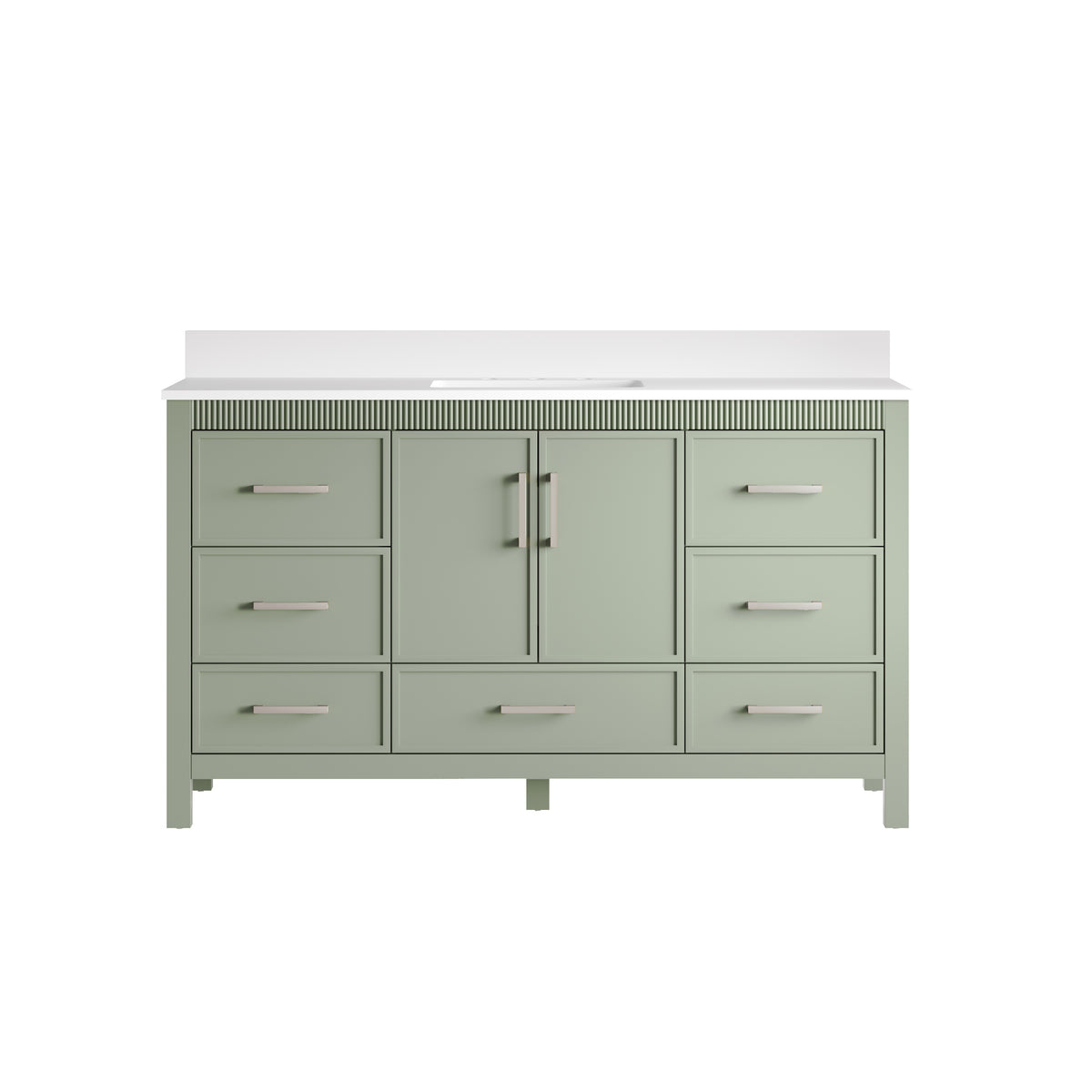 60 Inch Freestanding Solid Wood Bathroom Vanity with Pure White Quartz Countertop, 2 Soft-Close Doors & 7 Dovetail Drawers, SAGE GREEN