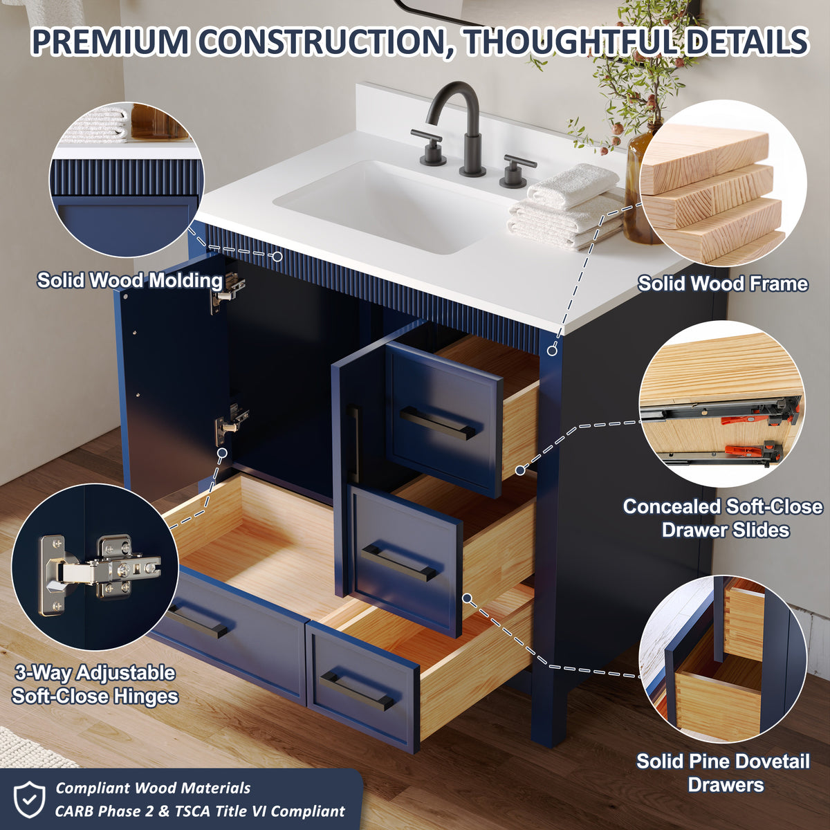 36 Inch Freestanding Solid Wood Bathroom Vanity with Fluted Molding, Pure White Quartz Countertop, Navy Blue