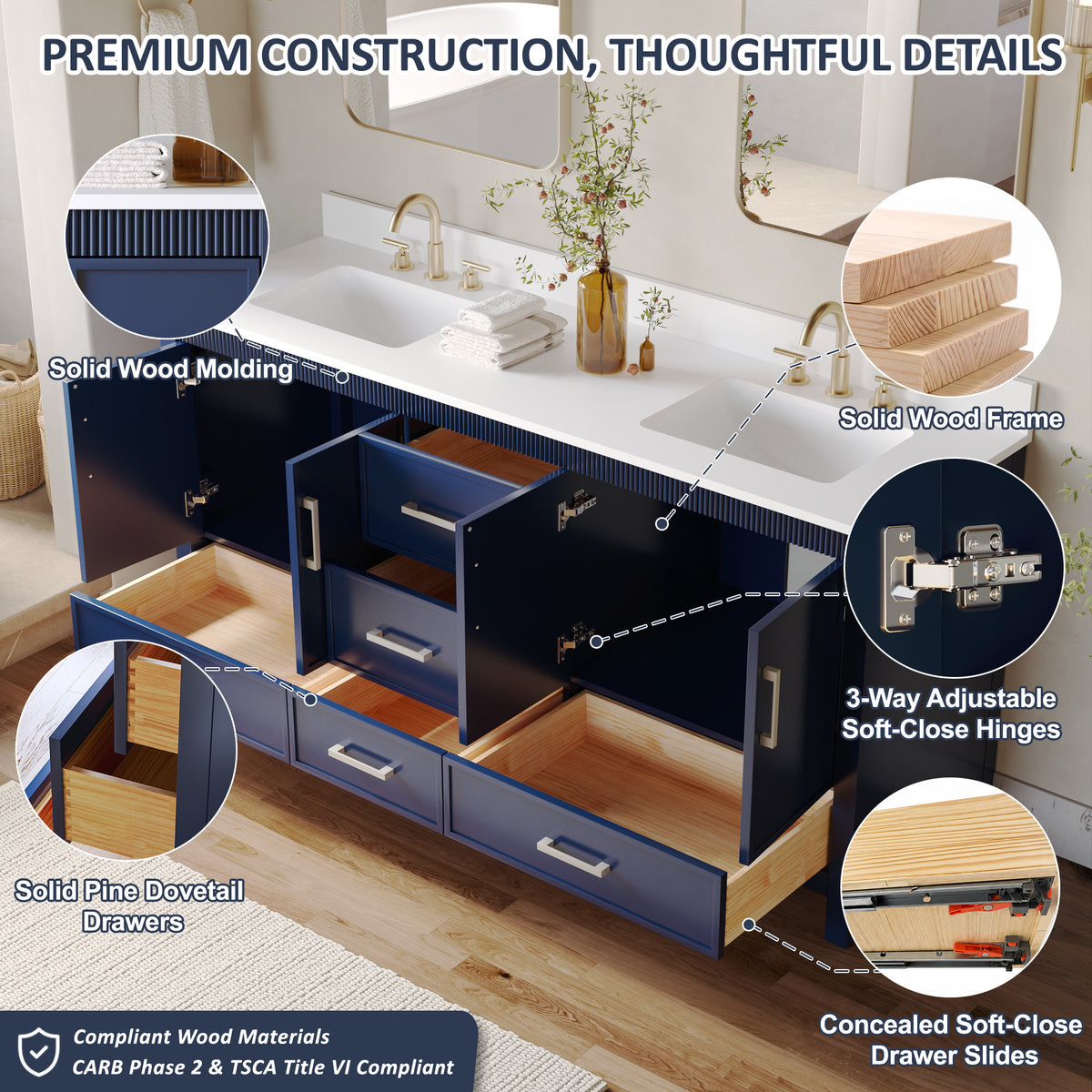 72 Inch Freestanding Solid Wood Bathroom Vanity with Pure White Quartz Countertop, 4 Soft-Close Doors & 5 Dovetail Drawers, Navy Blue