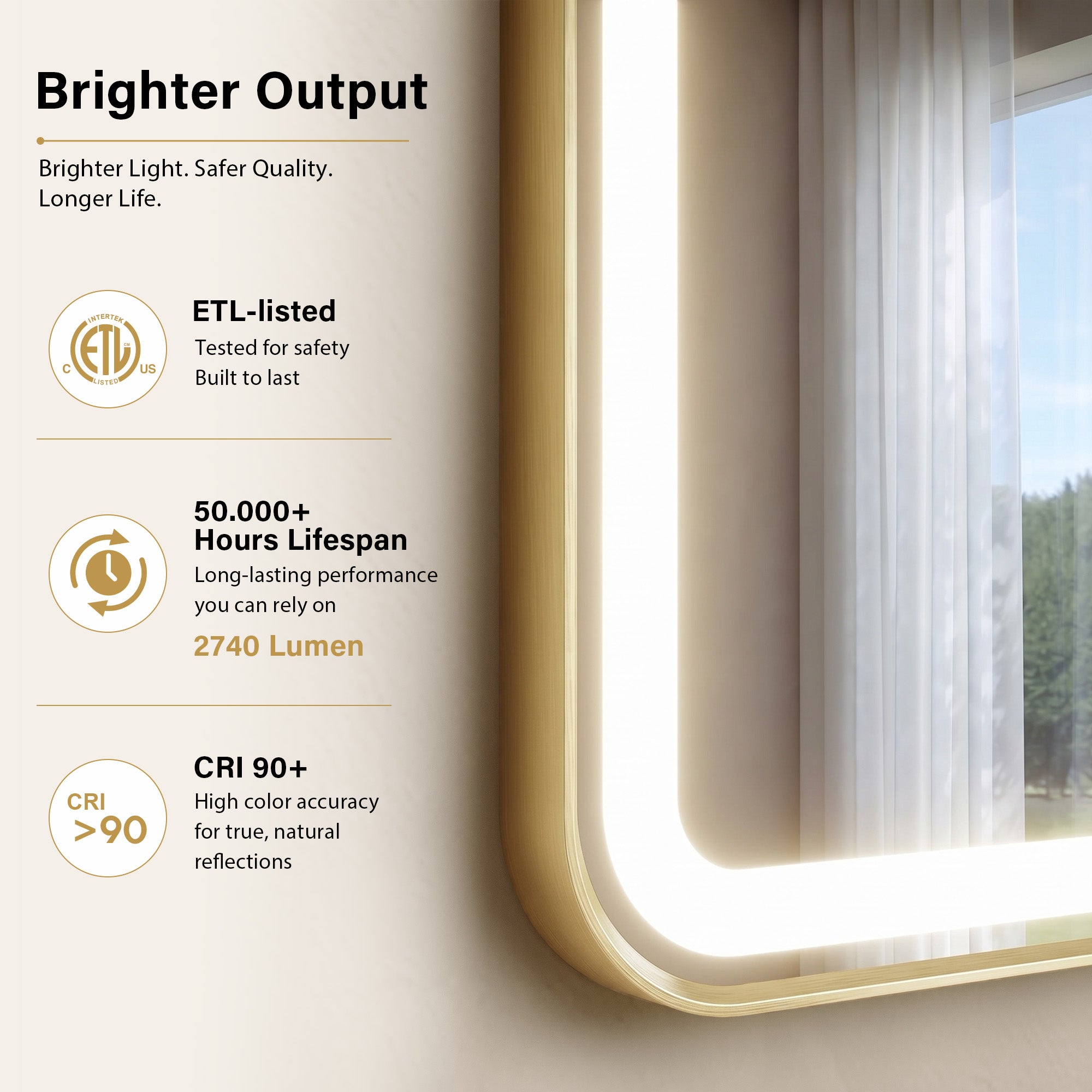28 in. x 36 in. Framed LED Bathroom Mirror in Brushed Gold with Rounded Corners, Dimmable Lighted, Anti-Fog