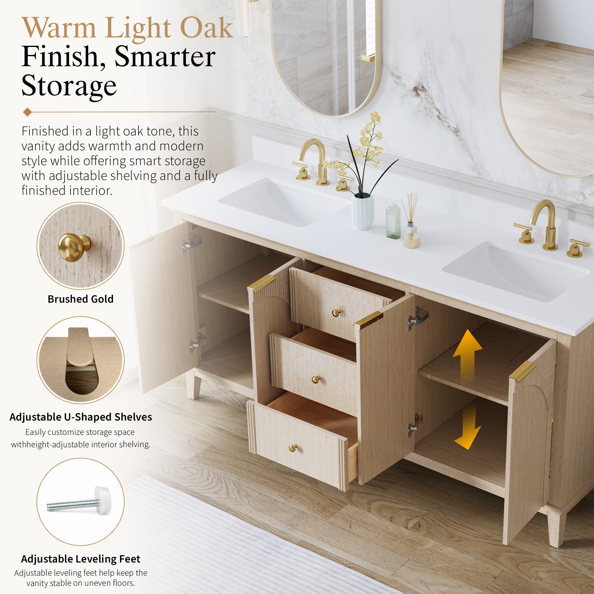 72 Inch Modern Light Oak Solid Wood Bathroom Vanity with White Quartz Countertop & 3 Soft-Close Drawers
