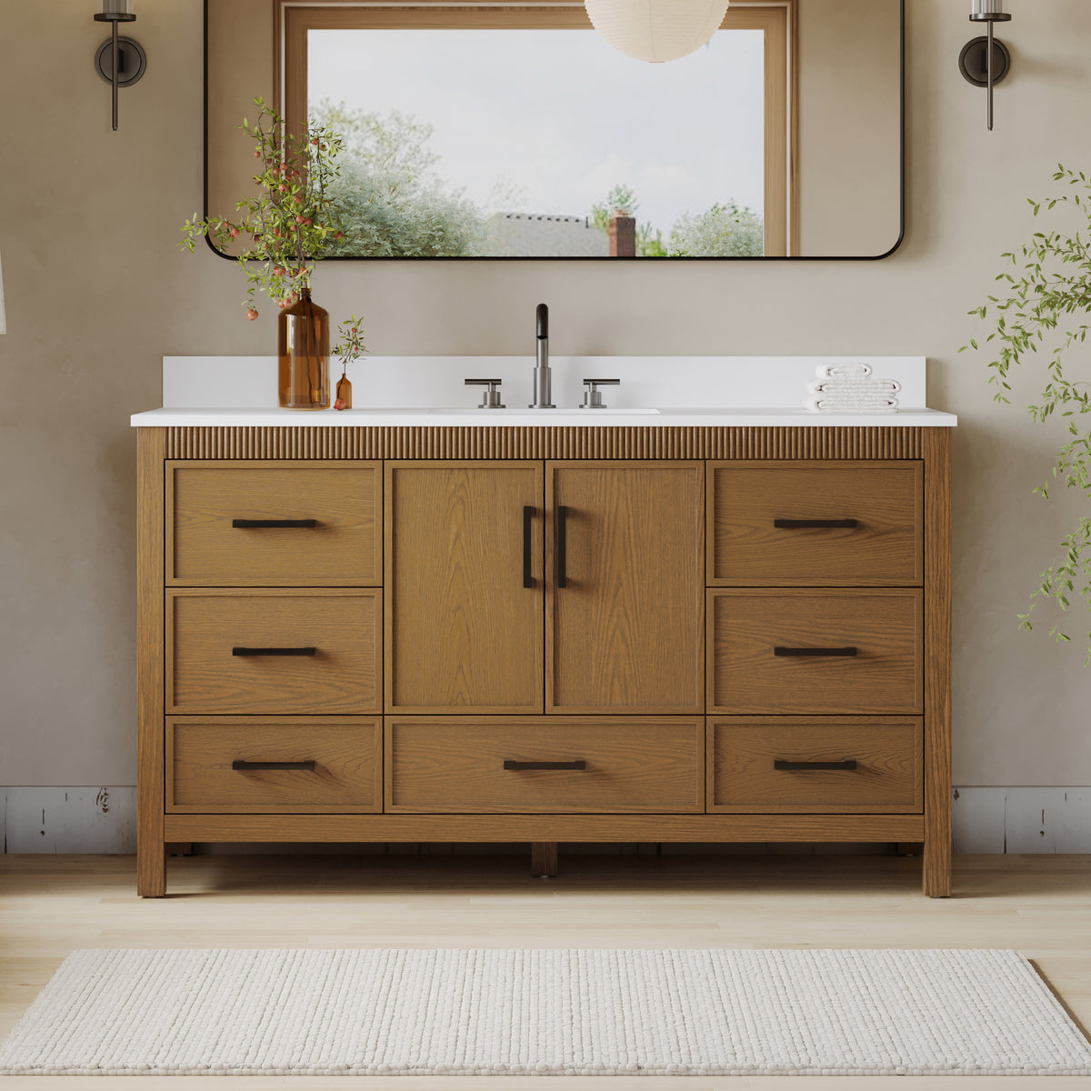 60 Inch Freestanding Solid Wood Bathroom Vanity with Pure White Quartz Countertop, 2 Soft-Close Doors & 7 Dovetail Drawers, Walnut