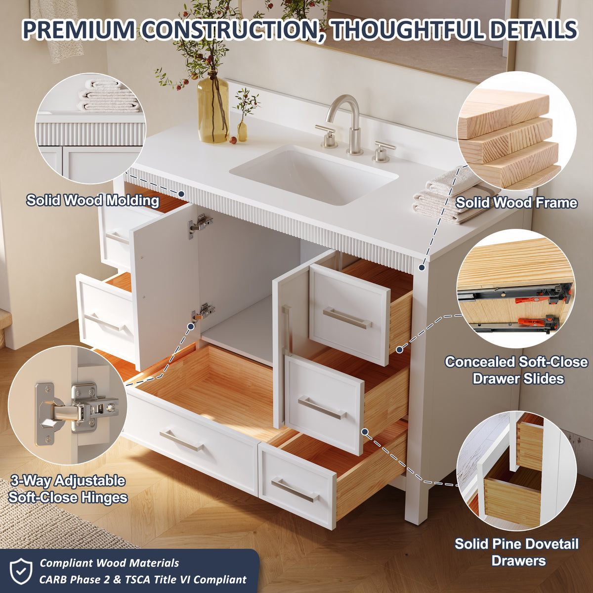 48 Inch Freestanding Solid Wood Bathroom Vanity with Fluted Molding, Pure White Quartz Countertop, White
