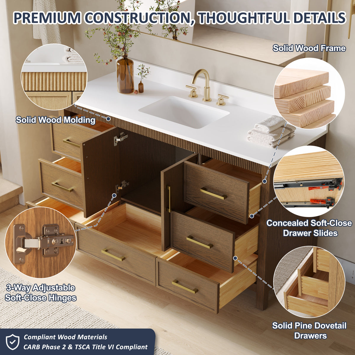 60 Inch Freestanding Solid Wood Bathroom Vanity with Pure White Quartz Countertop, 2 Soft-Close Doors & 7 Dovetail Drawers, Walnut