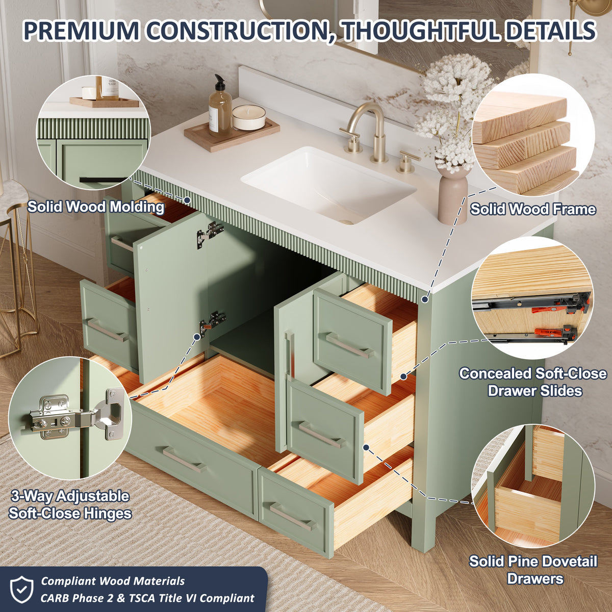 48 Inch Freestanding Solid Wood Bathroom Vanity with Fluted Molding, Pure White Quartz Countertop, SAGE GREEN