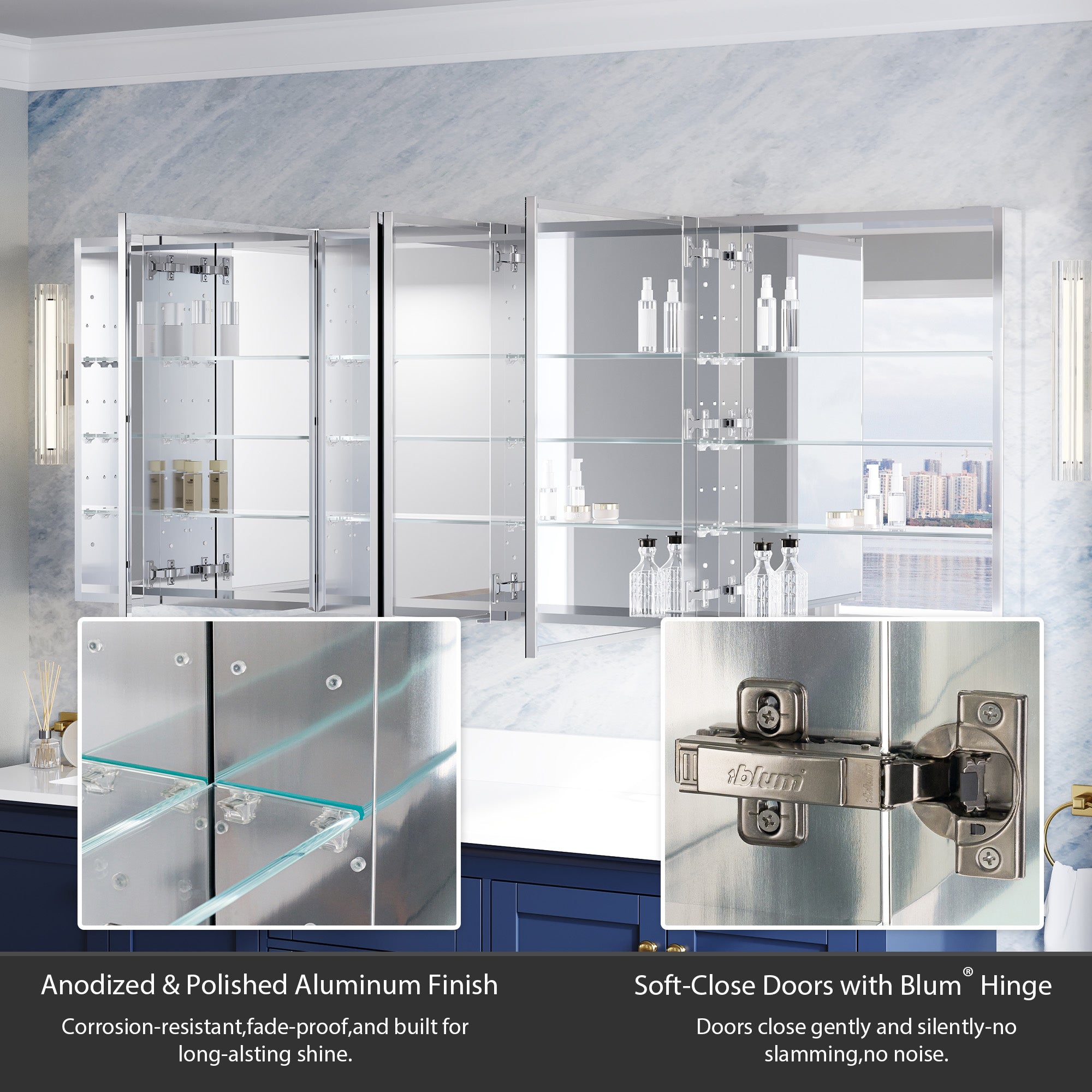 80 in.×30 in.H Copper-Free Mirror Medicine Cabinet with Beveled Mirror Door, Soft-Close Blum® Hinges, 12 Adjustable Shelves