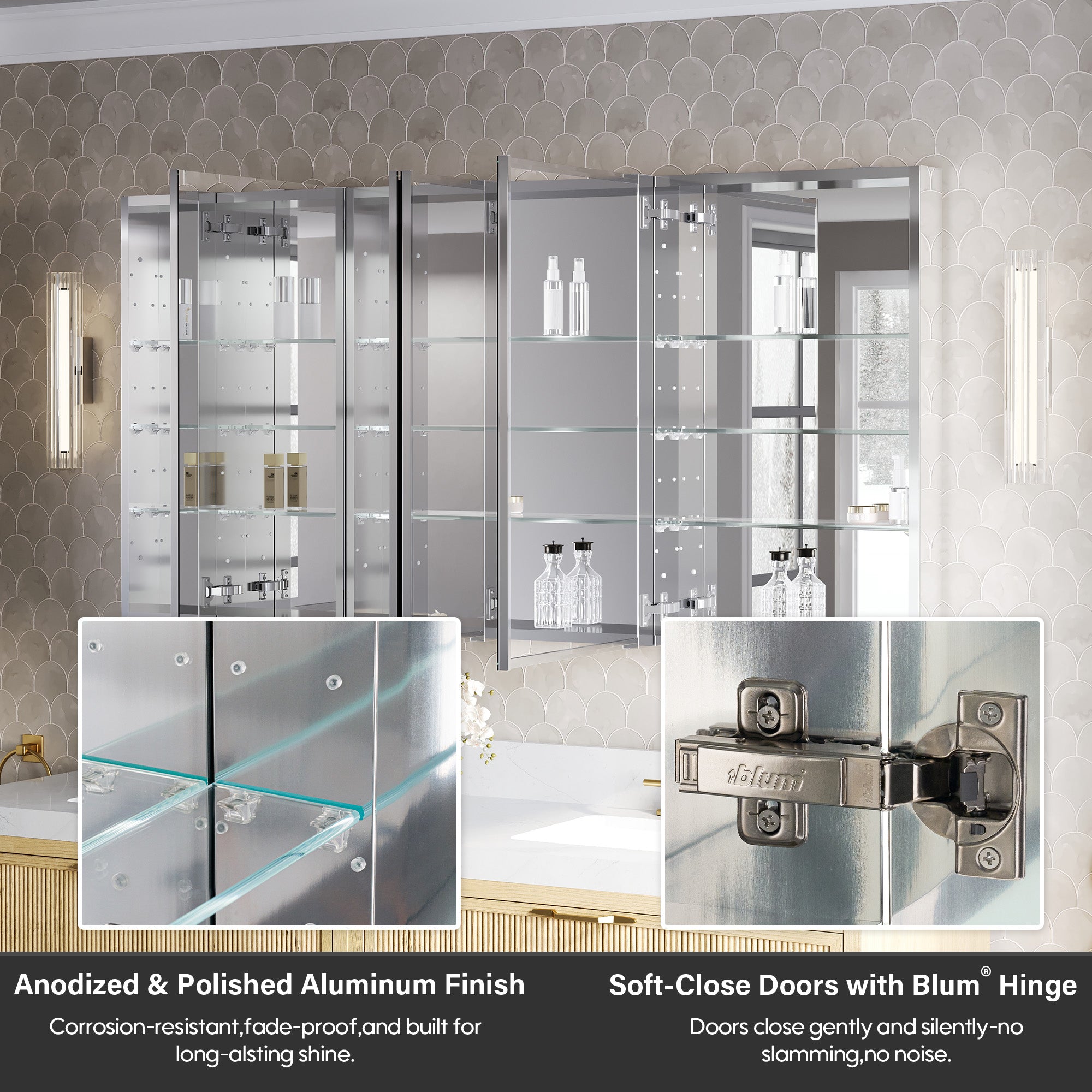 64 in.×32 in.H Copper-Free Mirror Medicine Cabinet with Soft-Close Blum® Hinges and 4 Doors