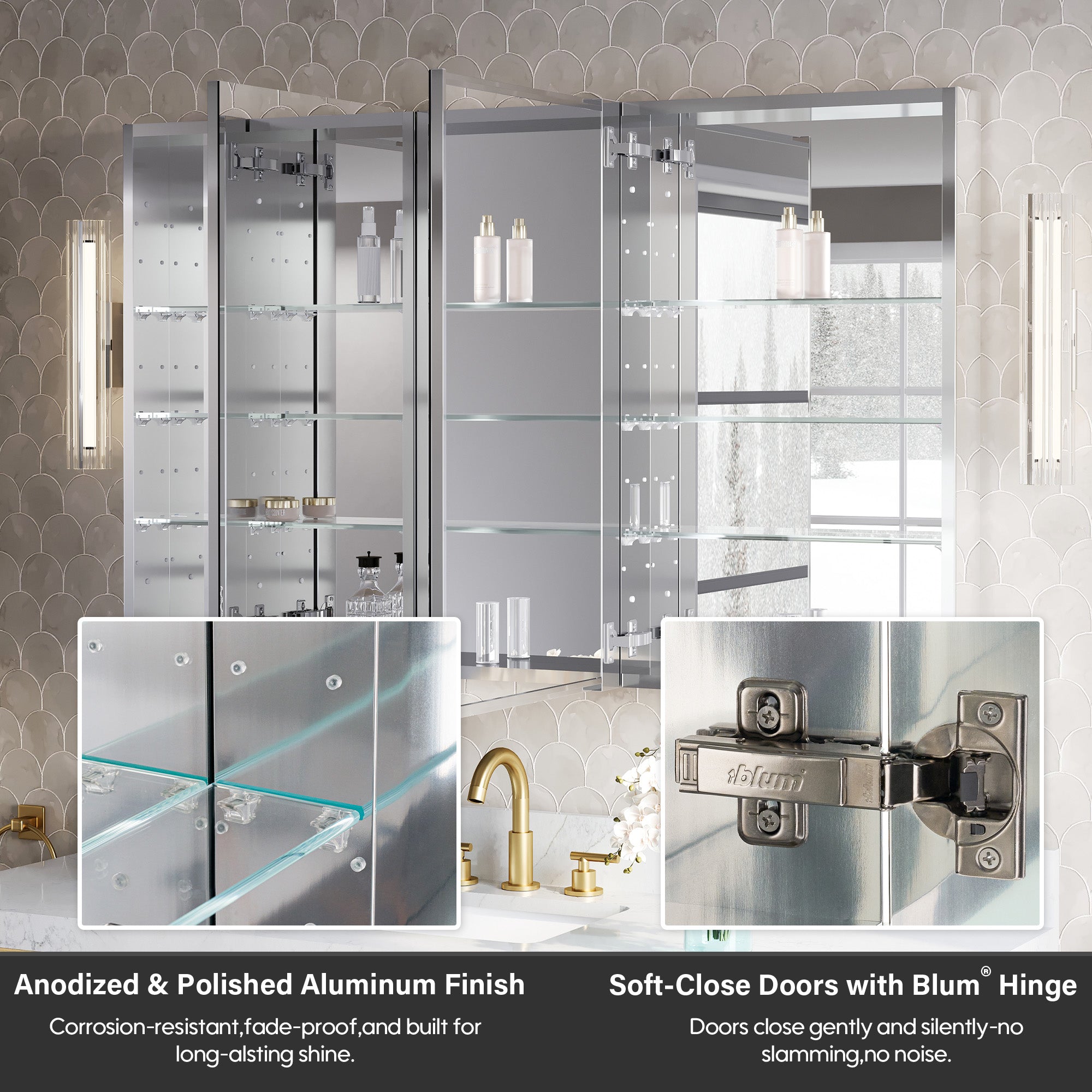 52 in.×32 in.H Copper-Free Mirror Medicine Cabinet with Soft-Close Blum® Hinges and 3 Doors