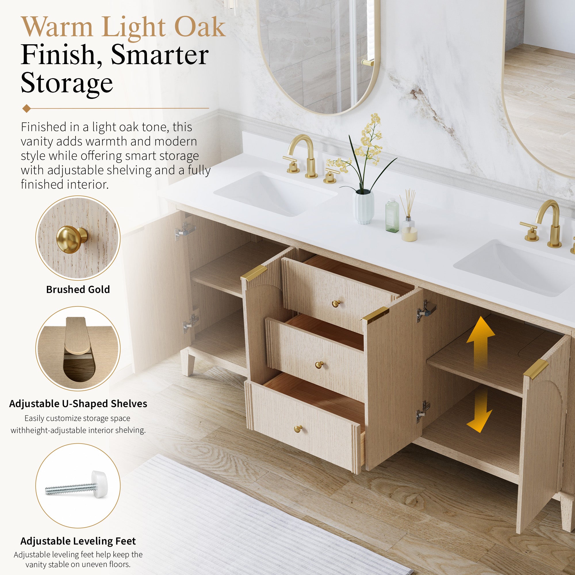 80 Inch Modern Light Oak Solid Wood Bathroom Vanity with White Quartz Countertop & 3 Soft-Close Drawers