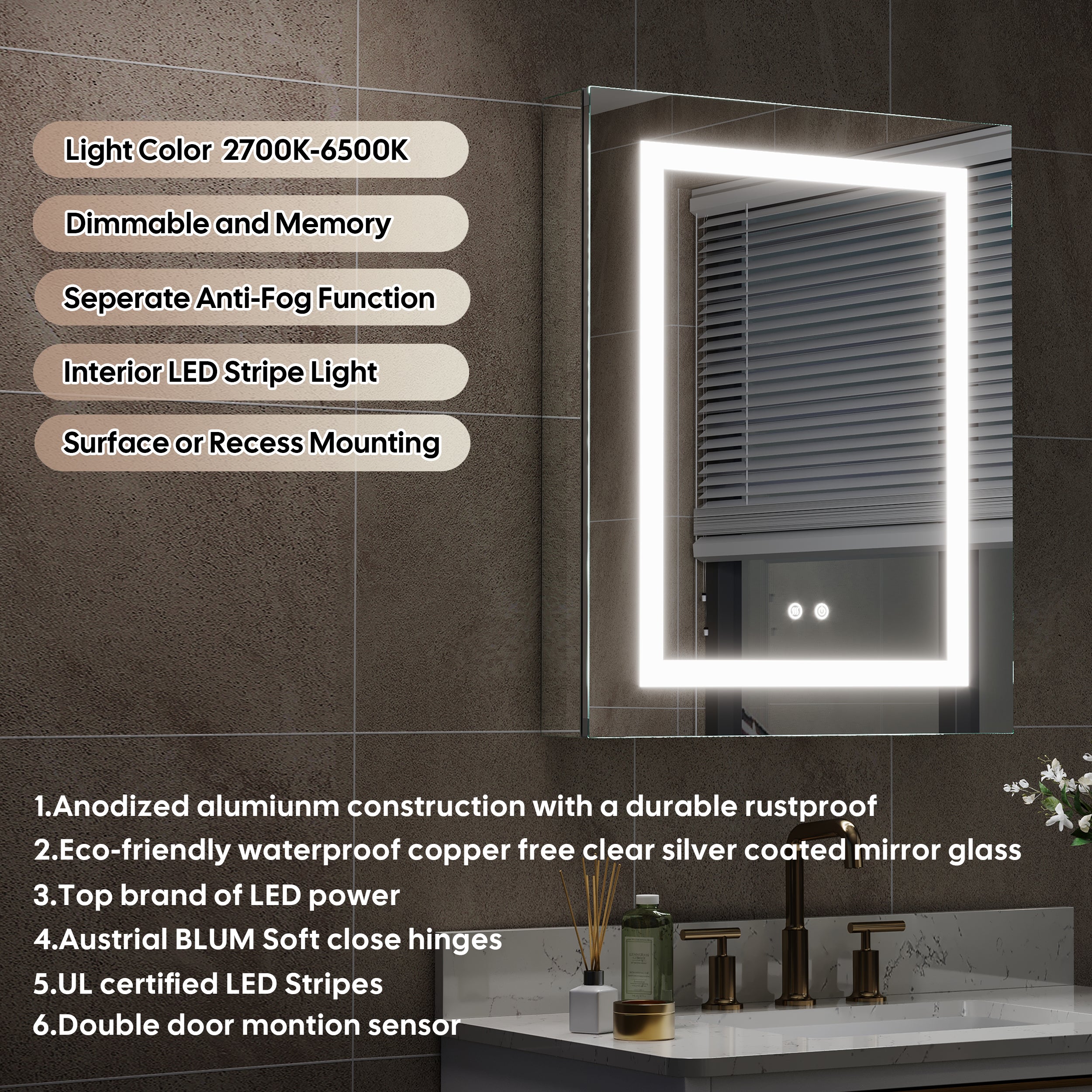 24 in. x 30 in. LED Lighted Surface/Recessed Mount Silver Mirrored Medicine Cabinet with Outlet right Side